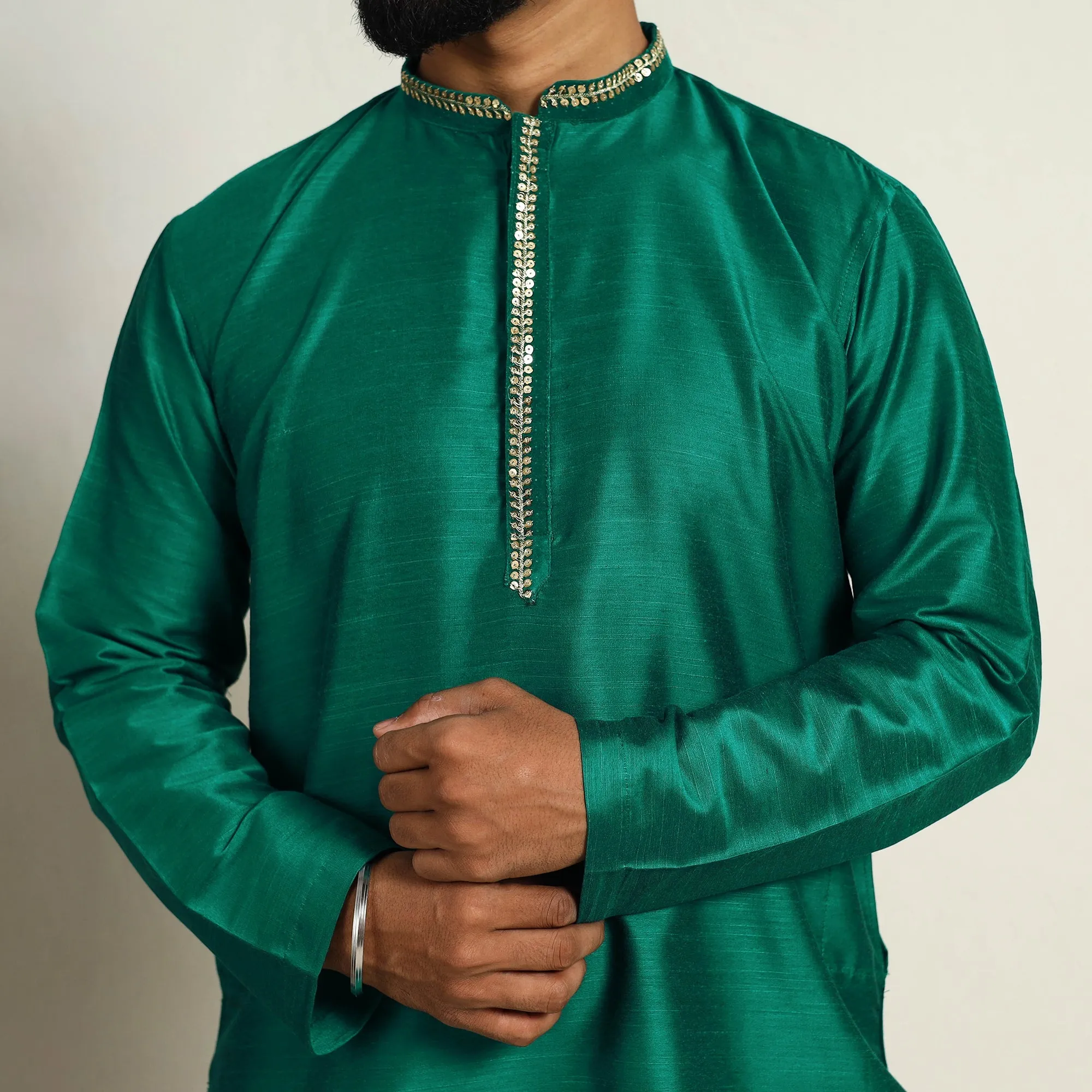 Green - Slub Silk Kurta for Men with Embellished Neckline Work 01 sold by Itokri product image thumbnail 4