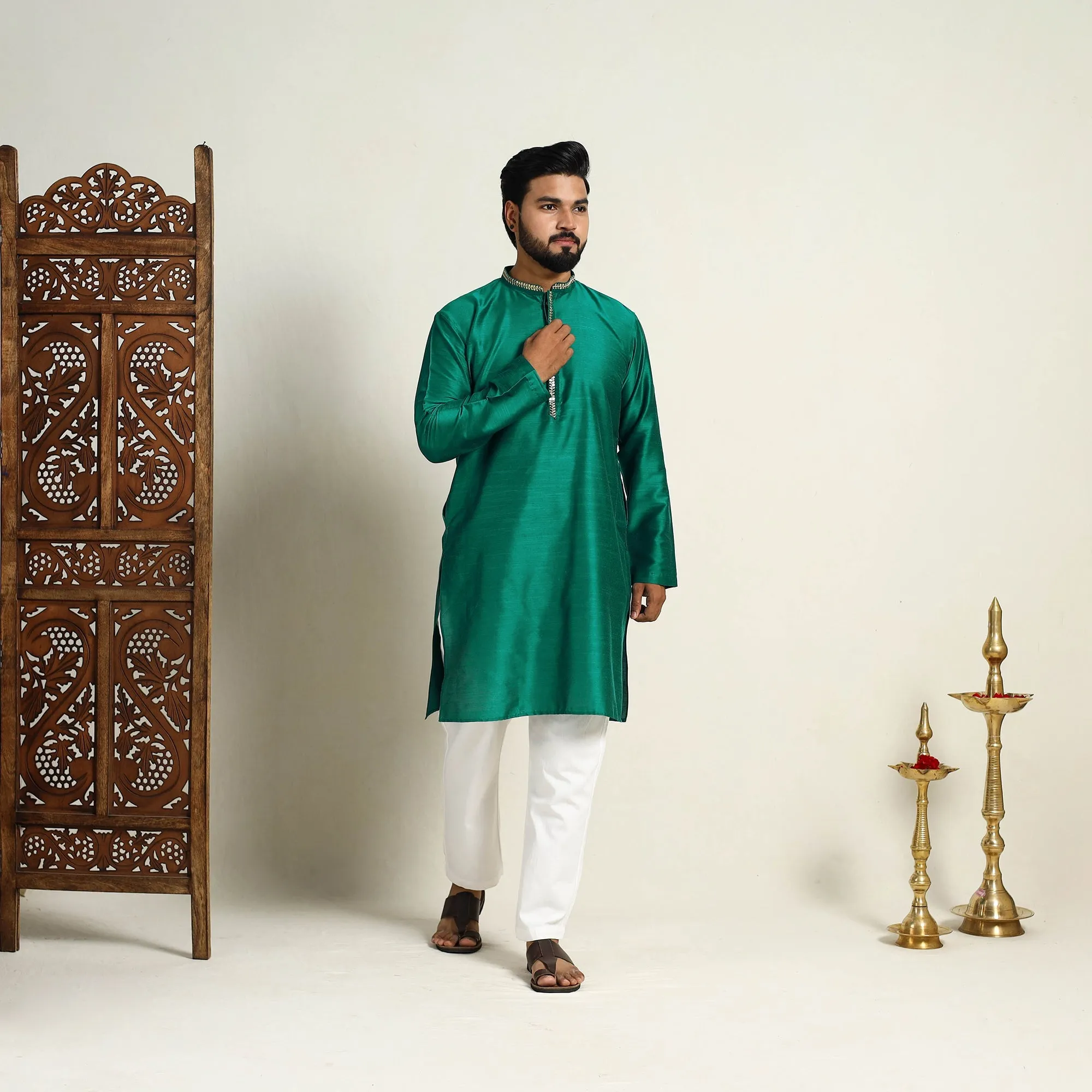 Green - Slub Silk Kurta for Men with Embellished Neckline Work 01 sold by Itokri