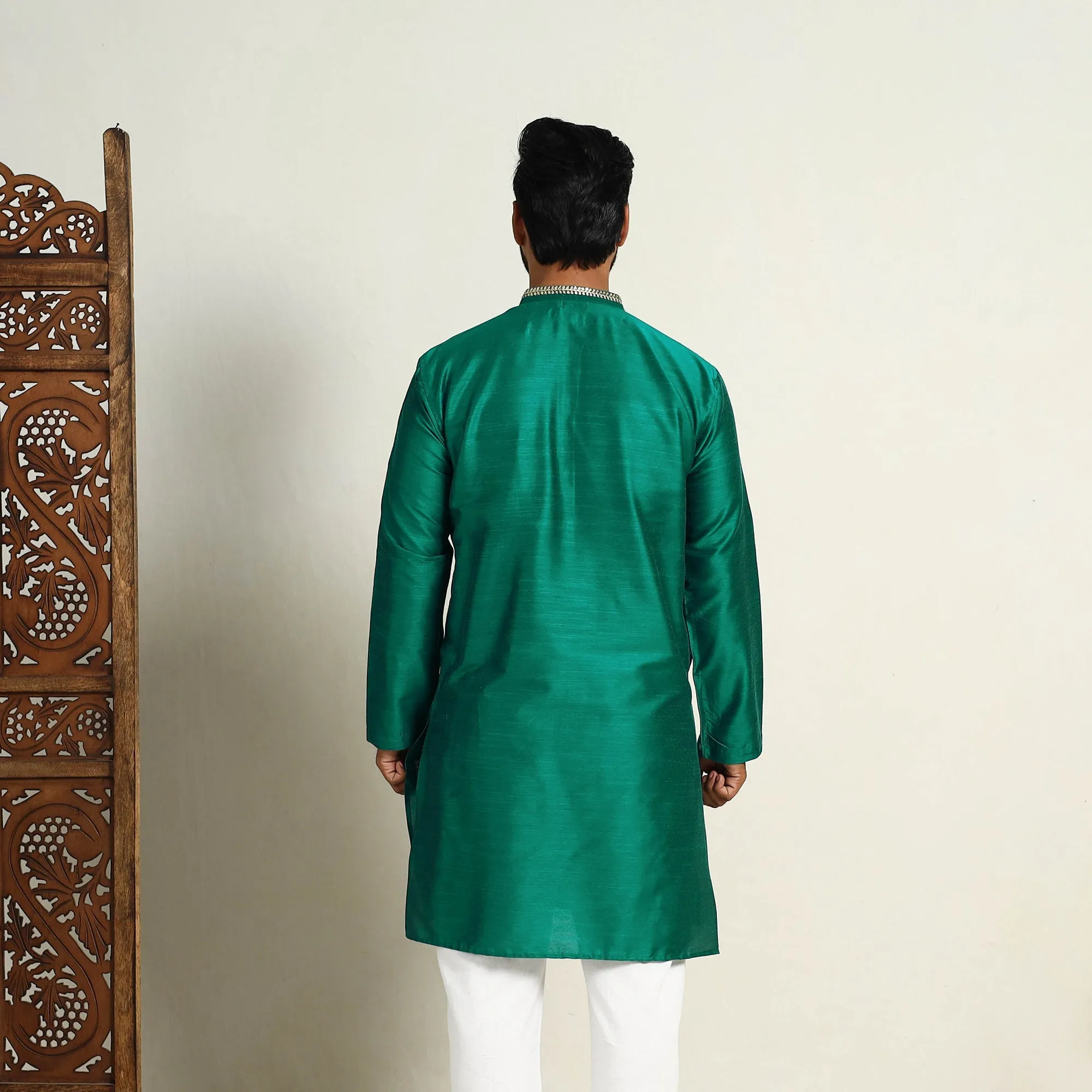 Green - Slub Silk Kurta for Men with Embellished Neckline Work 01 sold by Itokri product image thumbnail 5