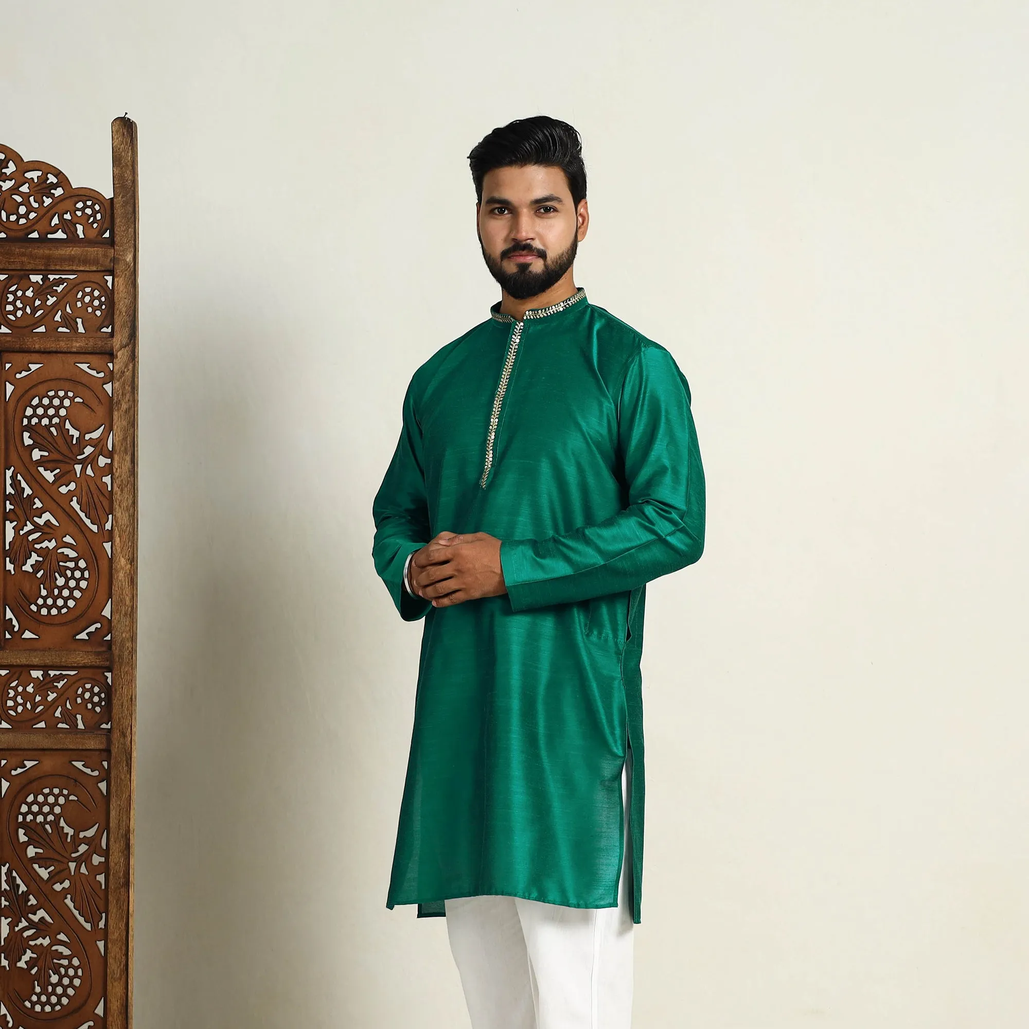 Green - Slub Silk Kurta for Men with Embellished Neckline Work 01 sold by Itokri product image thumbnail 2