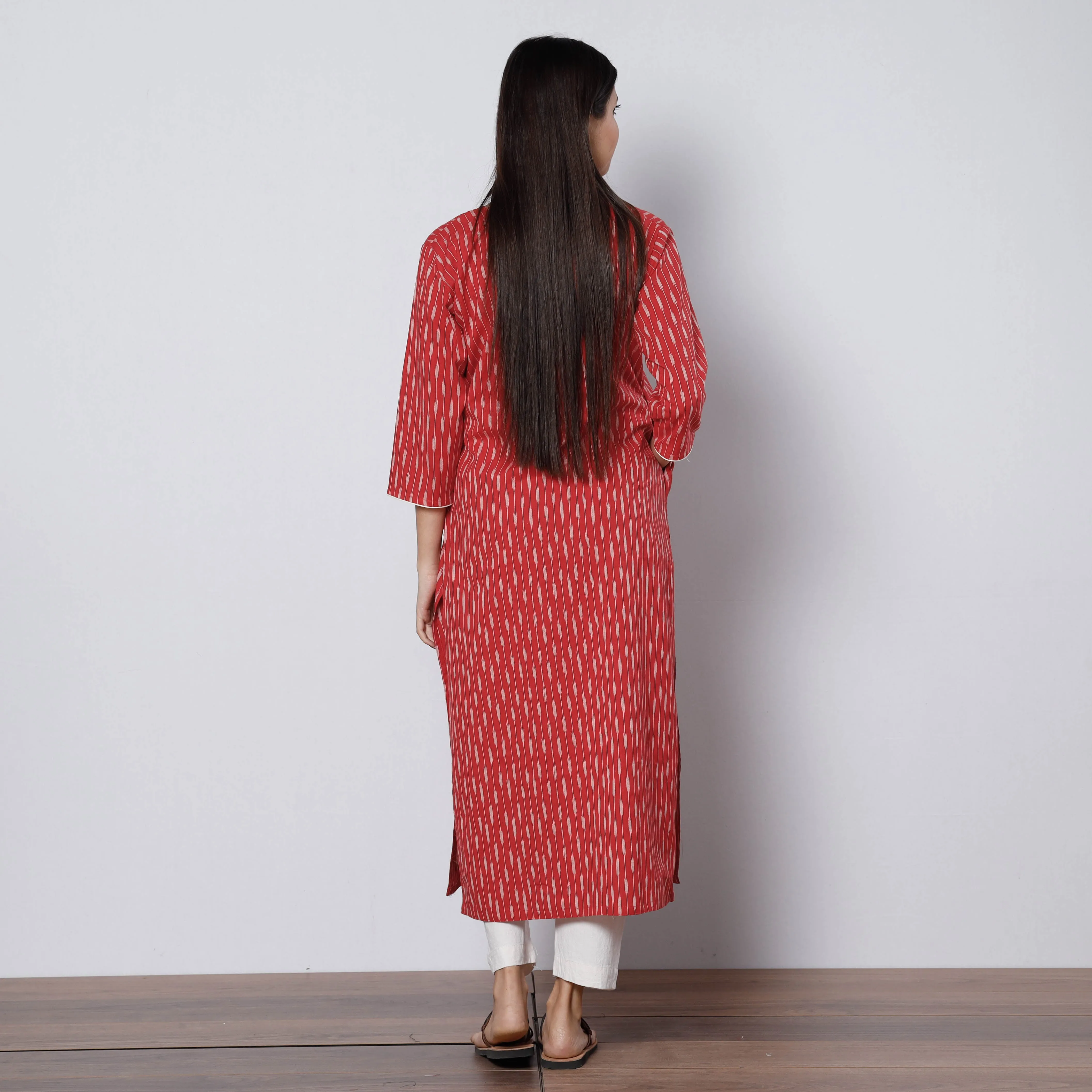 Red - Pochampally Ikat Weave Cotton Long Kurta sold by Itokri product image thumbnail 5