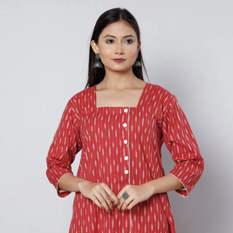 Red - Pochampally Ikat Weave Cotton Long Kurta sold by Itokri