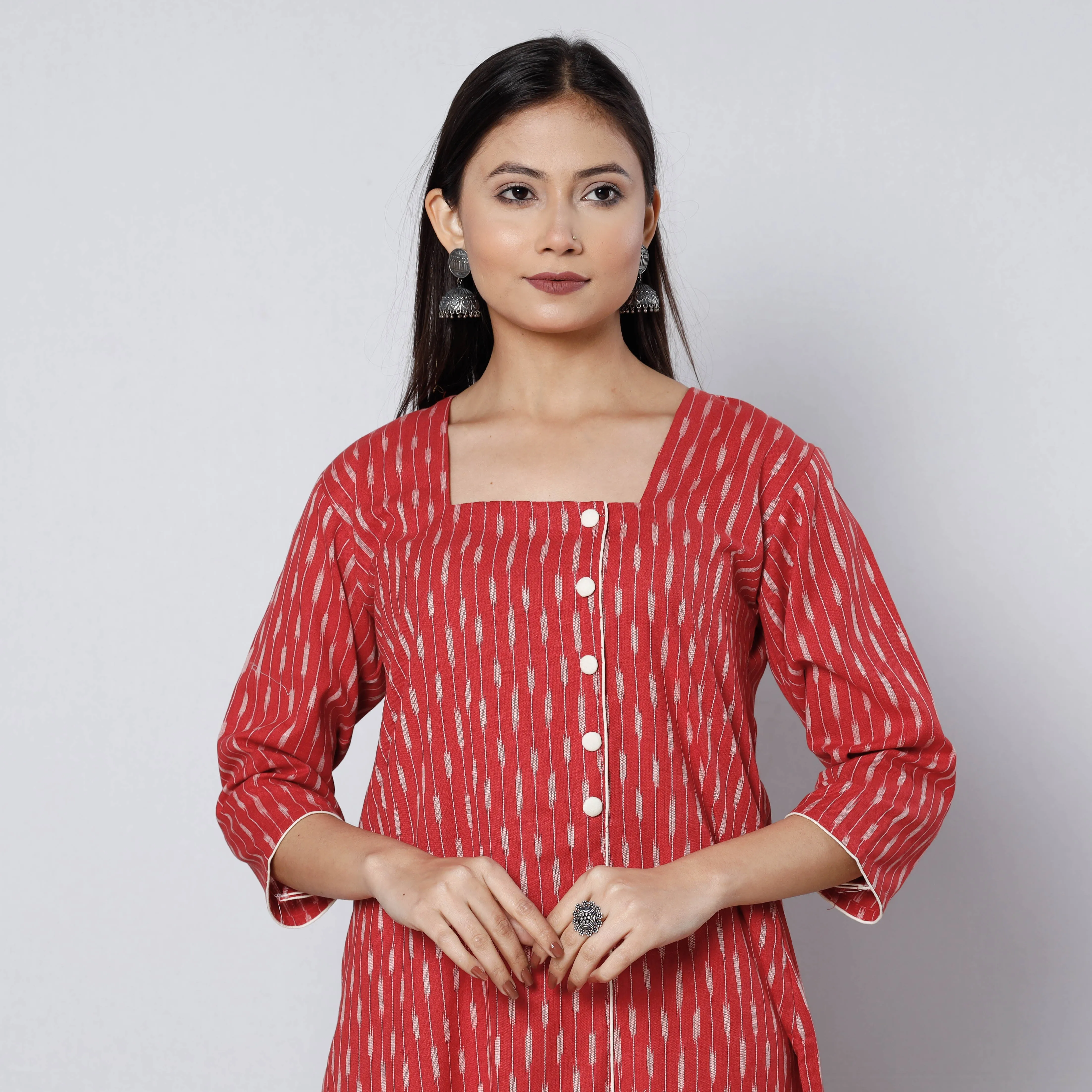 Red - Pochampally Ikat Weave Cotton Long Kurta sold by Itokri