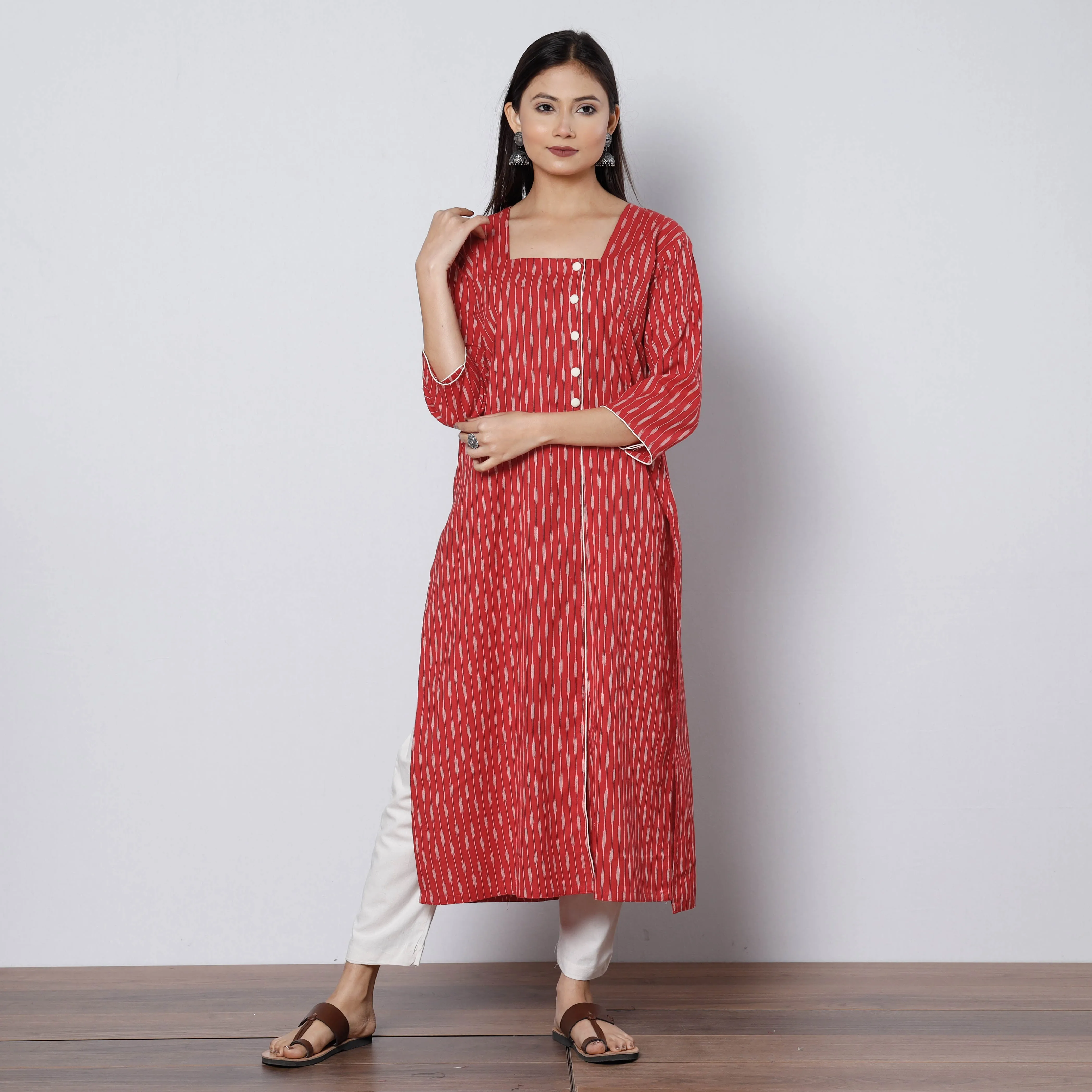Red - Pochampally Ikat Weave Cotton Long Kurta sold by Itokri product image thumbnail 2