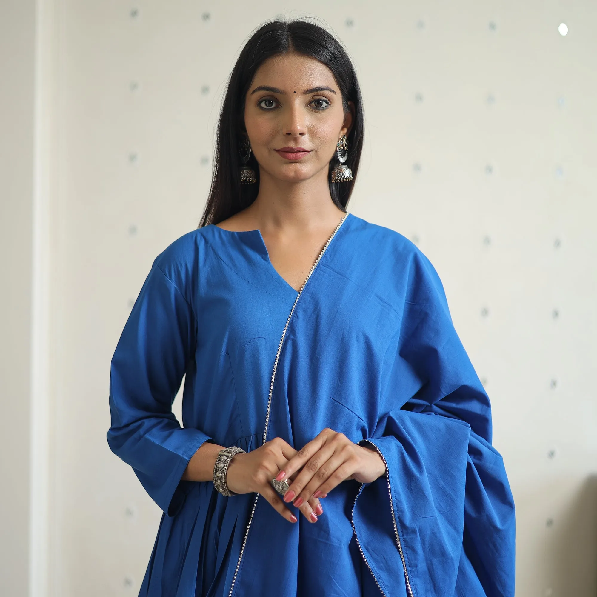 Zeenat Blue Cotton Flared Kurta with Palazzo & Dupatta Set sold by Itokri product image thumbnail 4