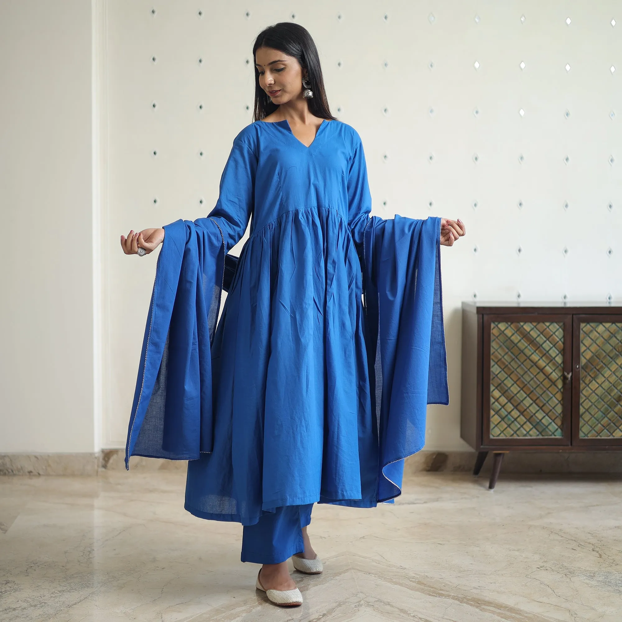 Zeenat Blue Cotton Flared Kurta with Palazzo & Dupatta Set sold by Itokri product image thumbnail 3