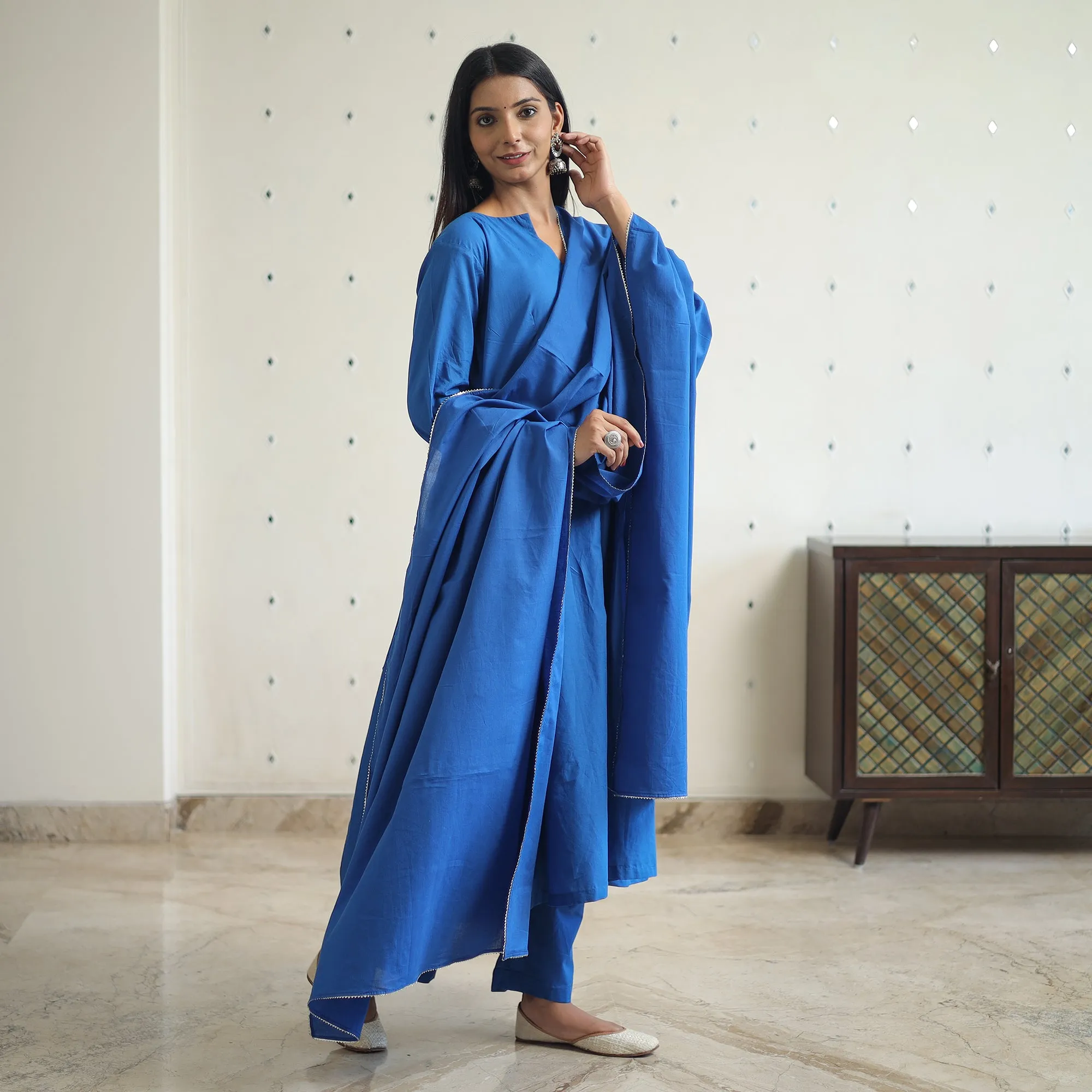 Zeenat Blue Cotton Flared Kurta with Palazzo & Dupatta Set sold by Itokri product image thumbnail 2