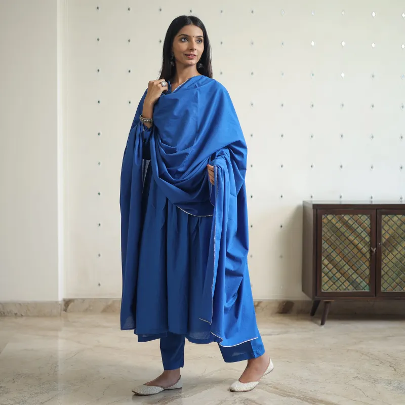 Zeenat Blue Cotton Flared Kurta with Palazzo & Dupatta Set sold by Itokri
