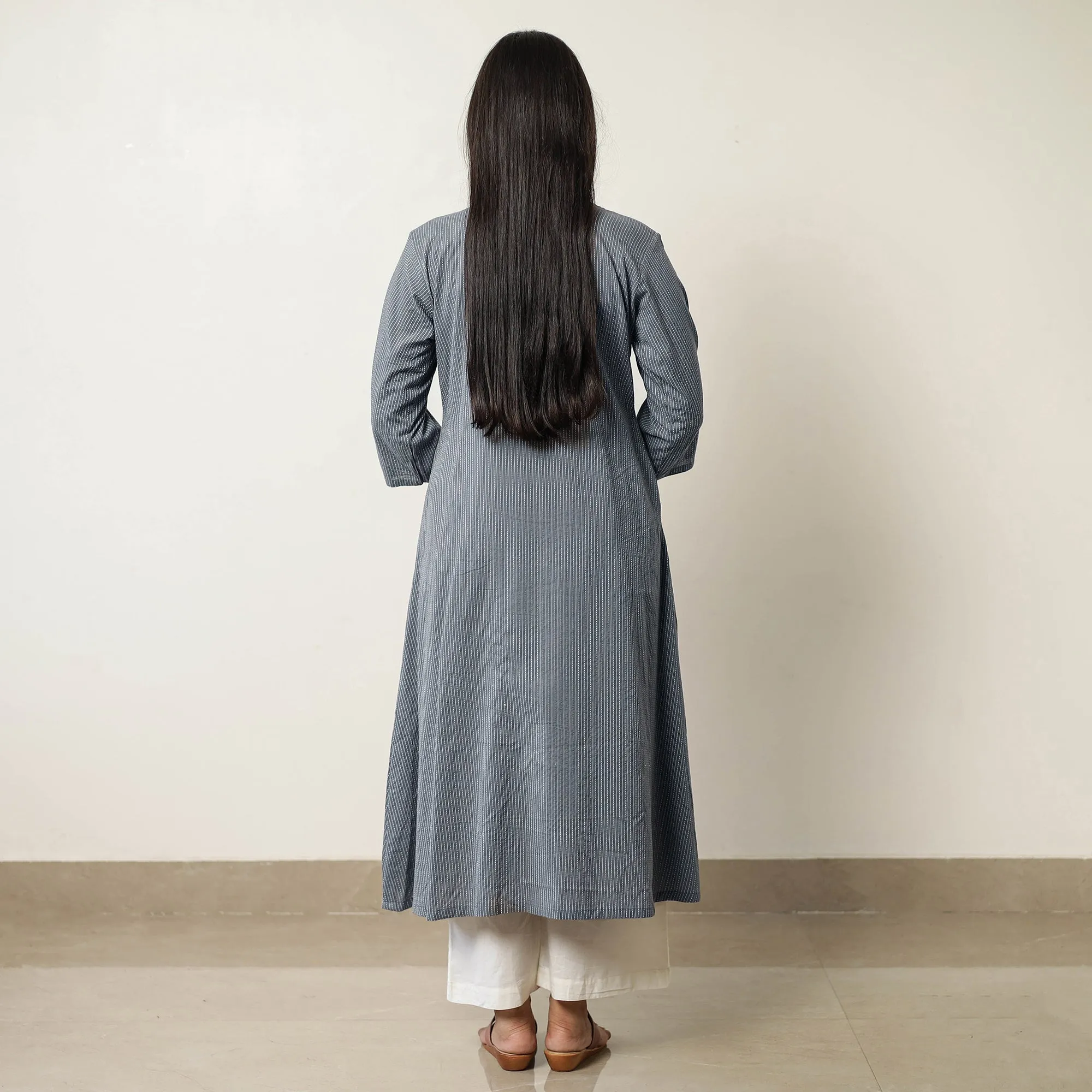 Grey Plain Running Stitch Cotton Pintuck Long Kurta 41 sold by Itokri product image thumbnail 3
