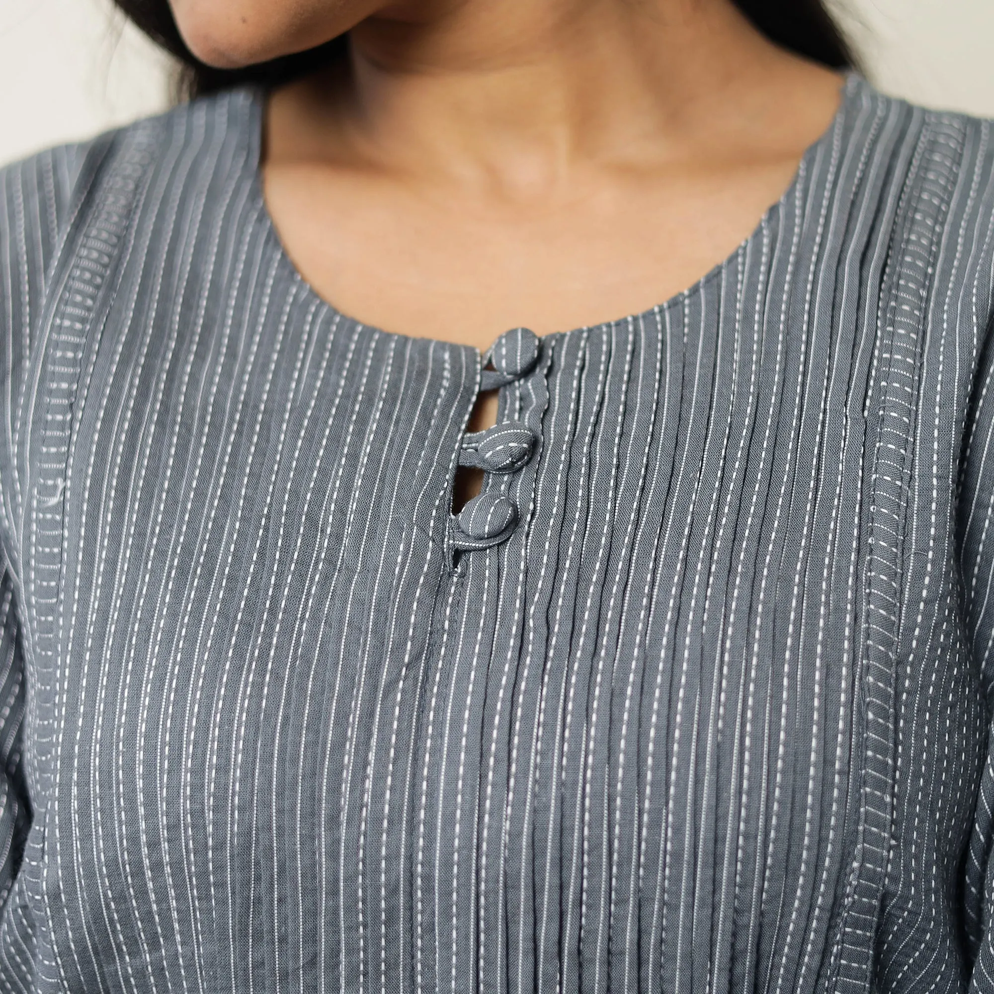 Grey Plain Running Stitch Cotton Pintuck Long Kurta 41 sold by Itokri product image thumbnail 5