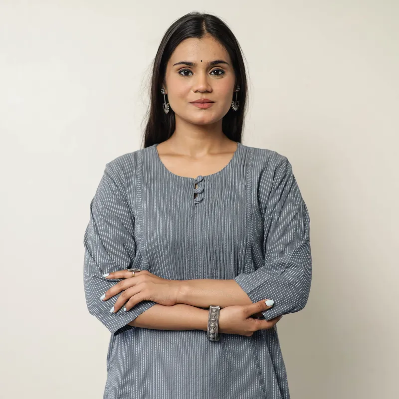 Grey Plain Running Stitch Cotton Pintuck Long Kurta 41 sold by Itokri