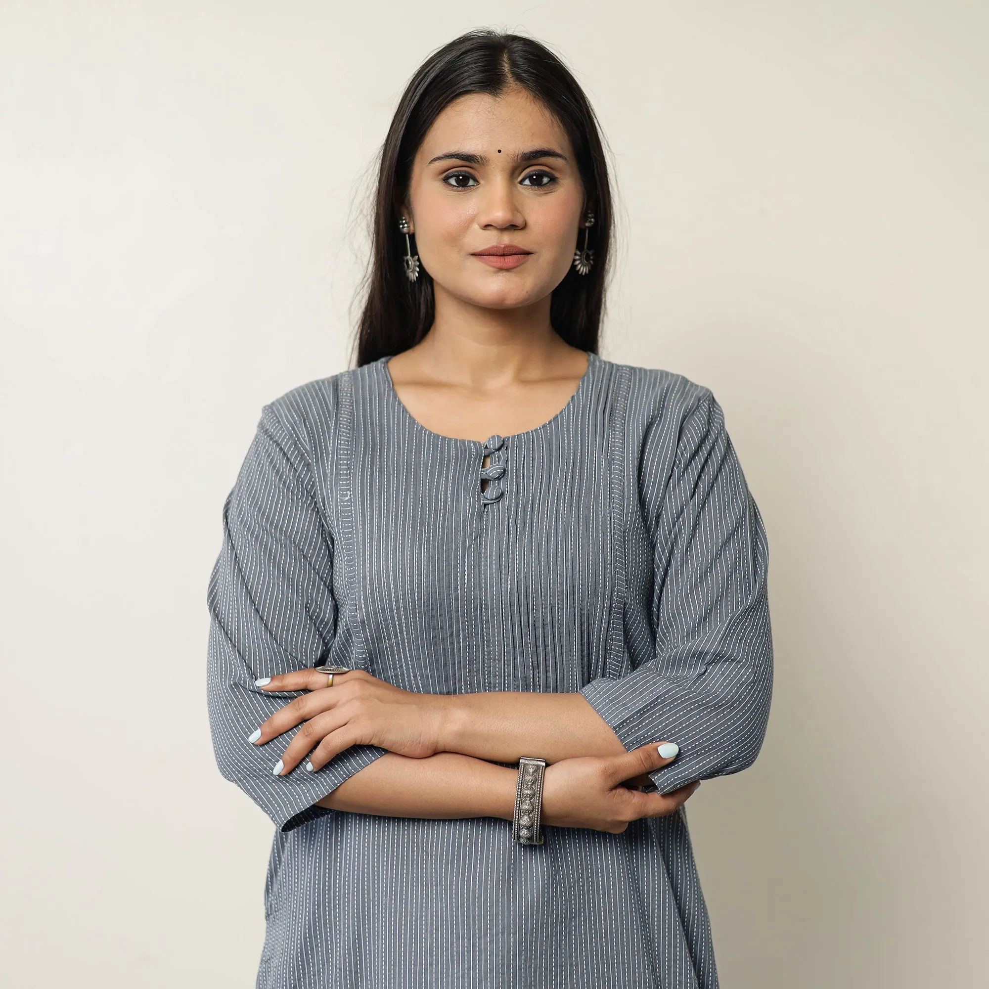 Grey Plain Running Stitch Cotton Pintuck Long Kurta 41 sold by Itokri