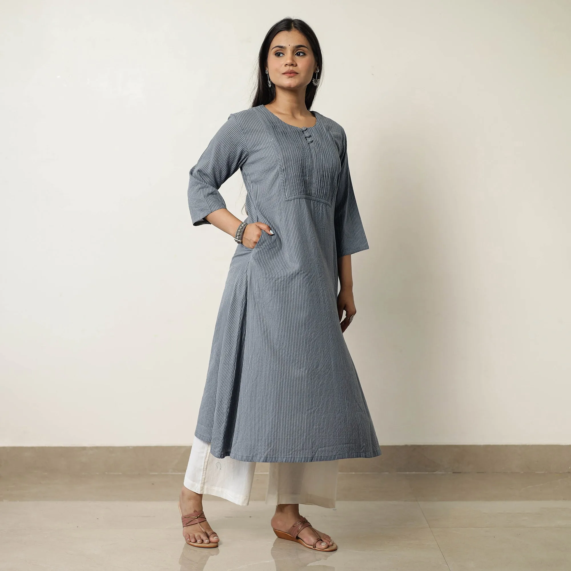 Grey Plain Running Stitch Cotton Pintuck Long Kurta 41 sold by Itokri product image thumbnail 2
