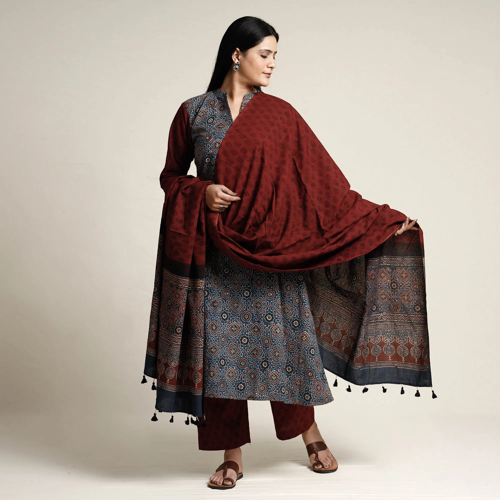 Blue - Ajrakh Block Printed Cotton Kurta with Palazzo & Dupatta Set sold by Itokri product image thumbnail 2