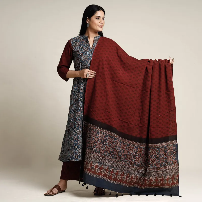 Blue - Ajrakh Block Printed Cotton Kurta with Palazzo & Dupatta Set made by Itokri