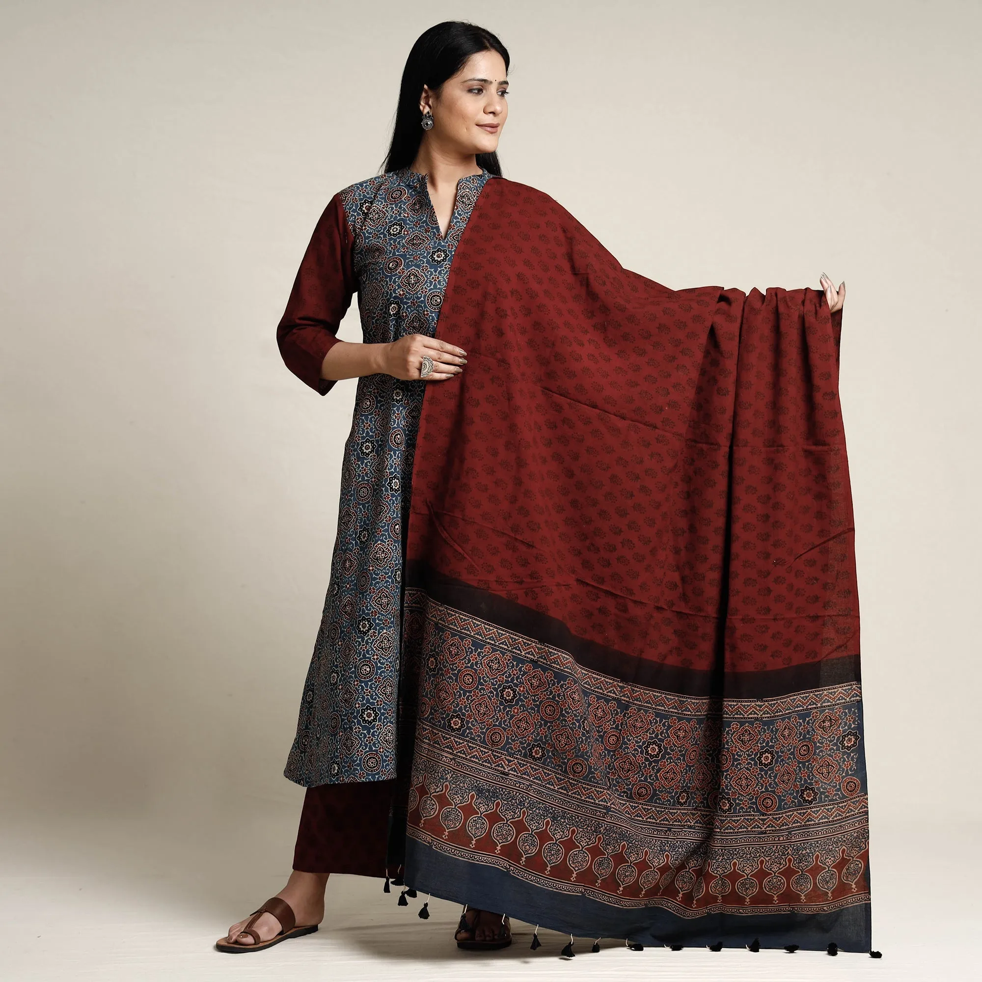 Blue - Ajrakh Block Printed Cotton Kurta with Palazzo & Dupatta Set sold by Itokri