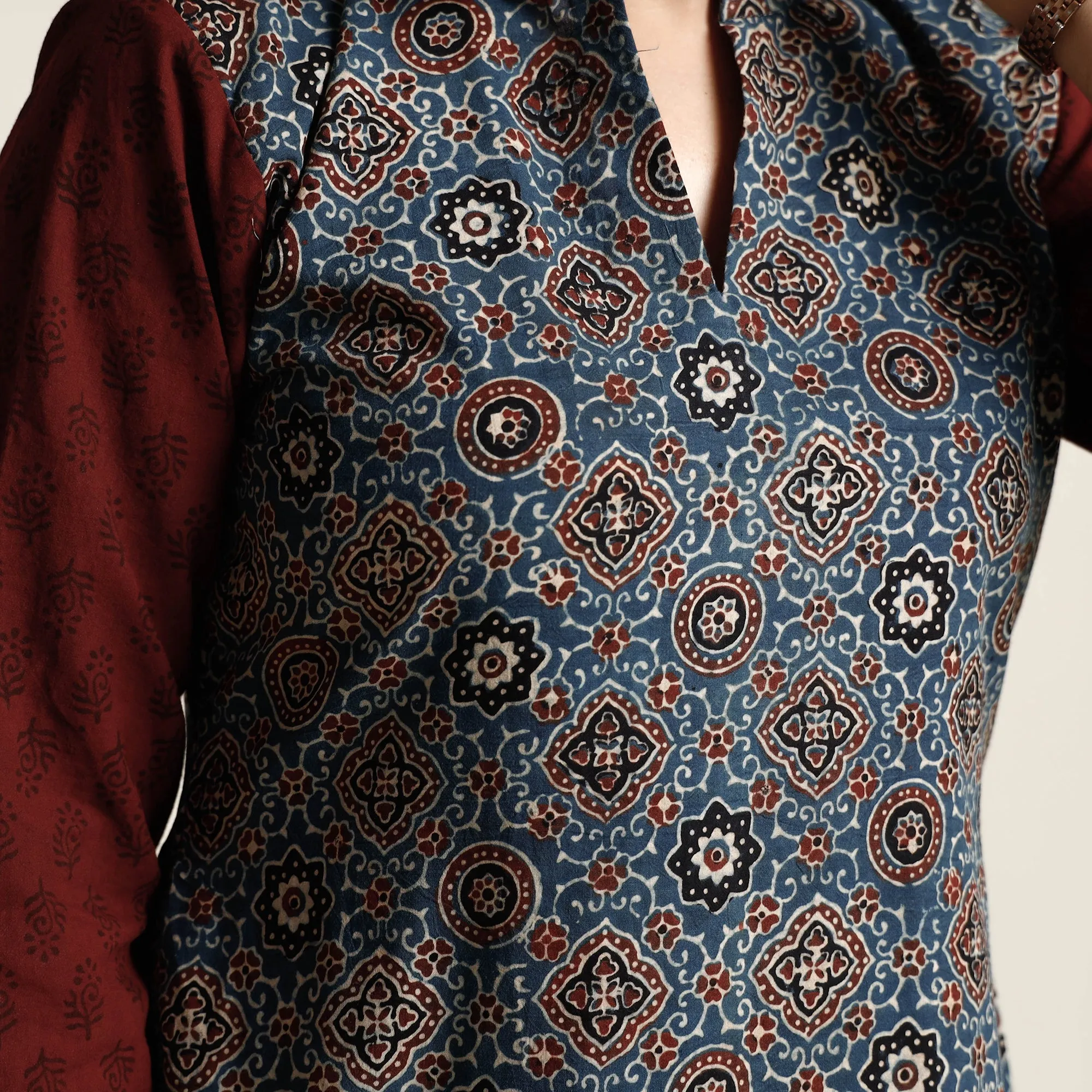 Blue - Ajrakh Block Printed Cotton Kurta with Palazzo & Dupatta Set sold by Itokri product image thumbnail 4