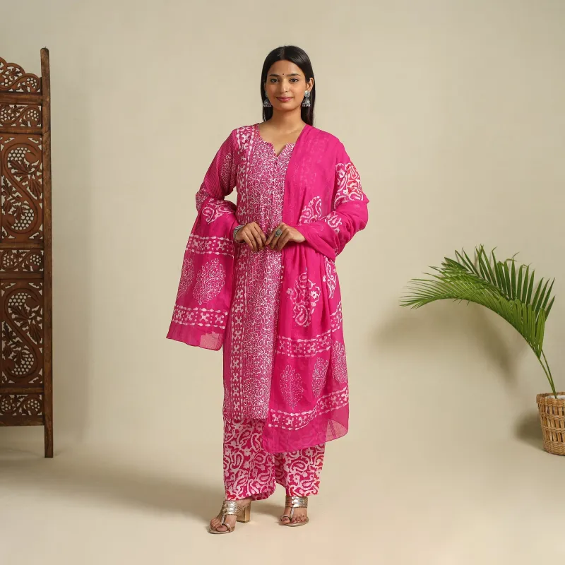 Pink - Cotton Hand Batik Print Suit Set 07 made by Itokri