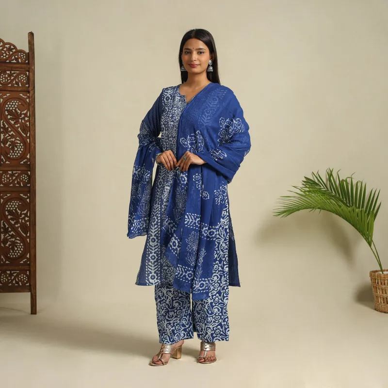 Blue - Cotton Hand Batik Print Suit Set 08 made by Itokri