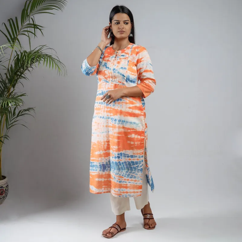 Orange & Blue Shibori Tie-Dye Mul Cotton Pintuck Long Kurta sold by Itokri