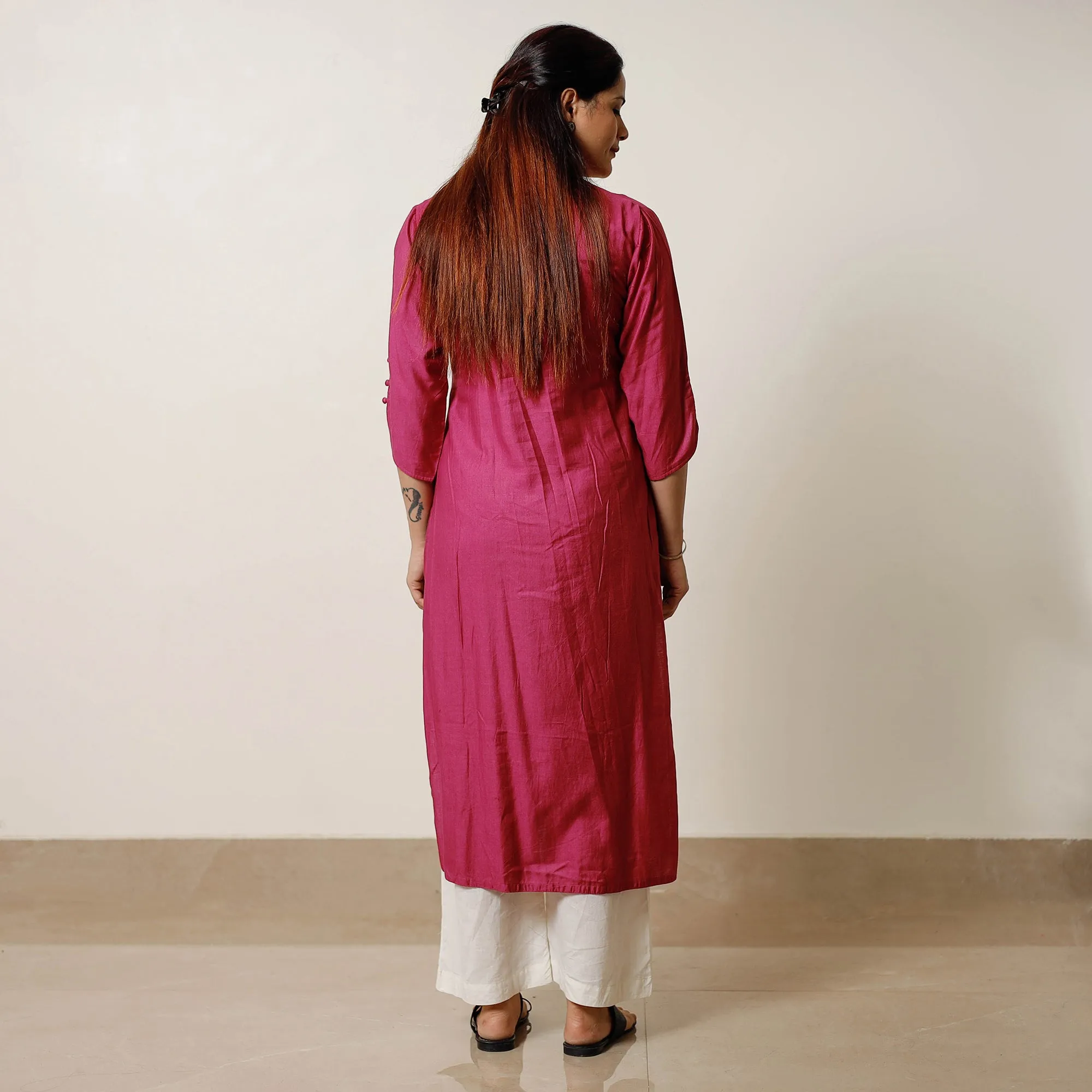 Dark Pink - Tussar Silk Plain Long Kurta sold by Itokri product image thumbnail 4