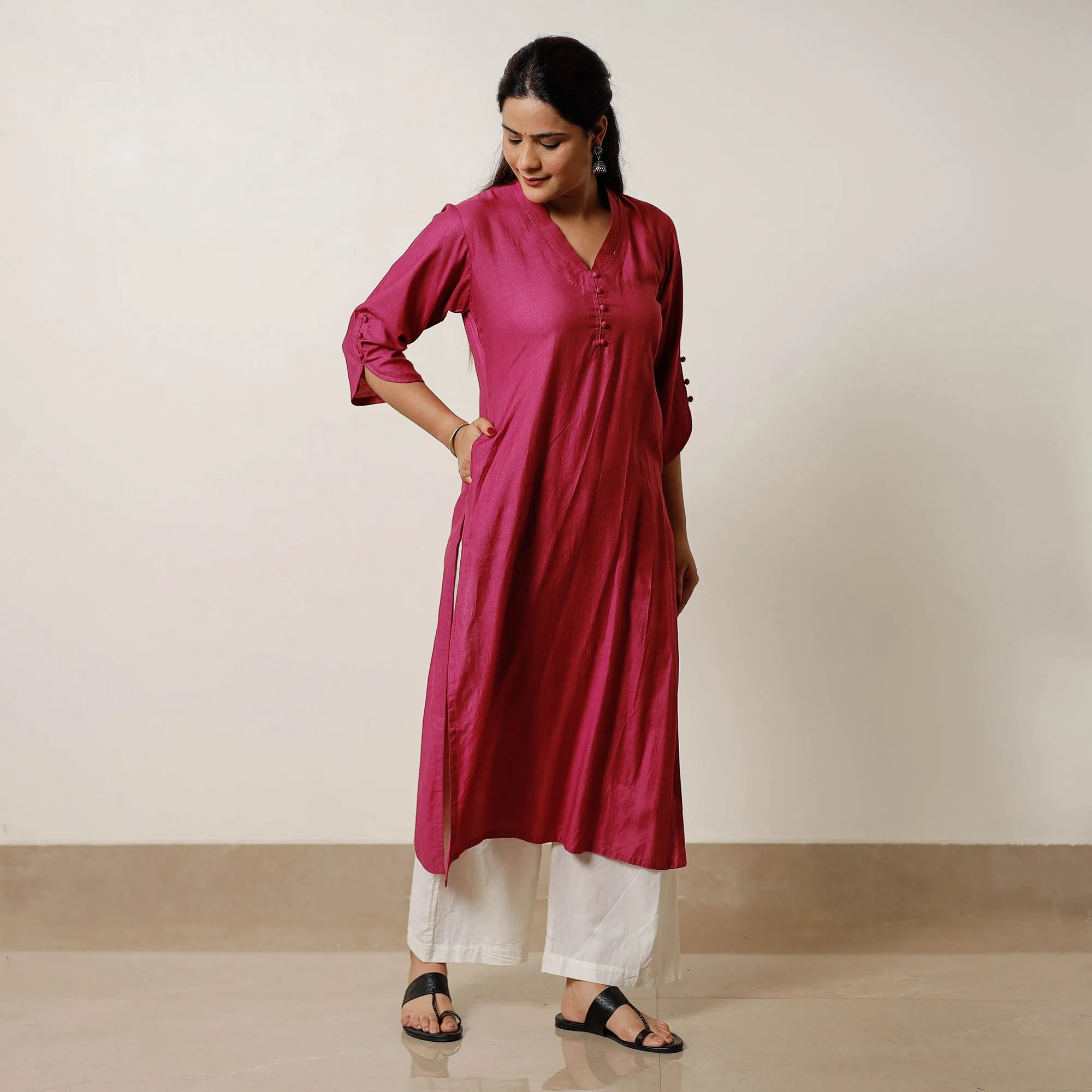 Dark Pink - Tussar Silk Plain Long Kurta sold by Itokri product image thumbnail 3