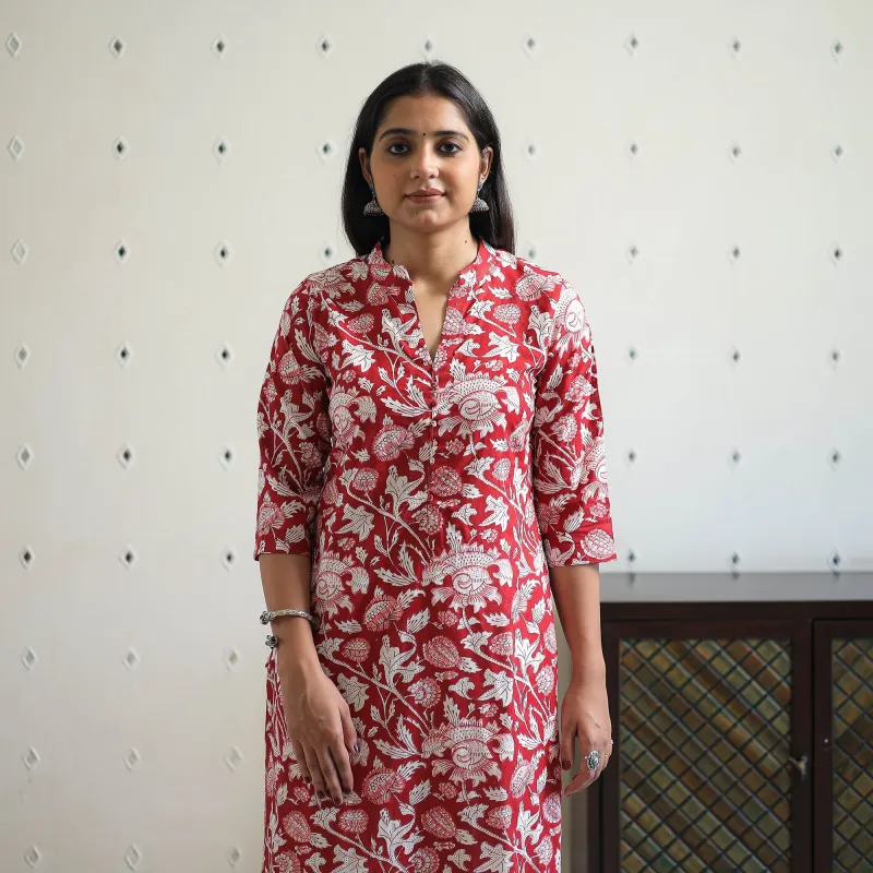 Red - Block Print Cotton Straight Sanganeri Kurta 03 sold by Itokri