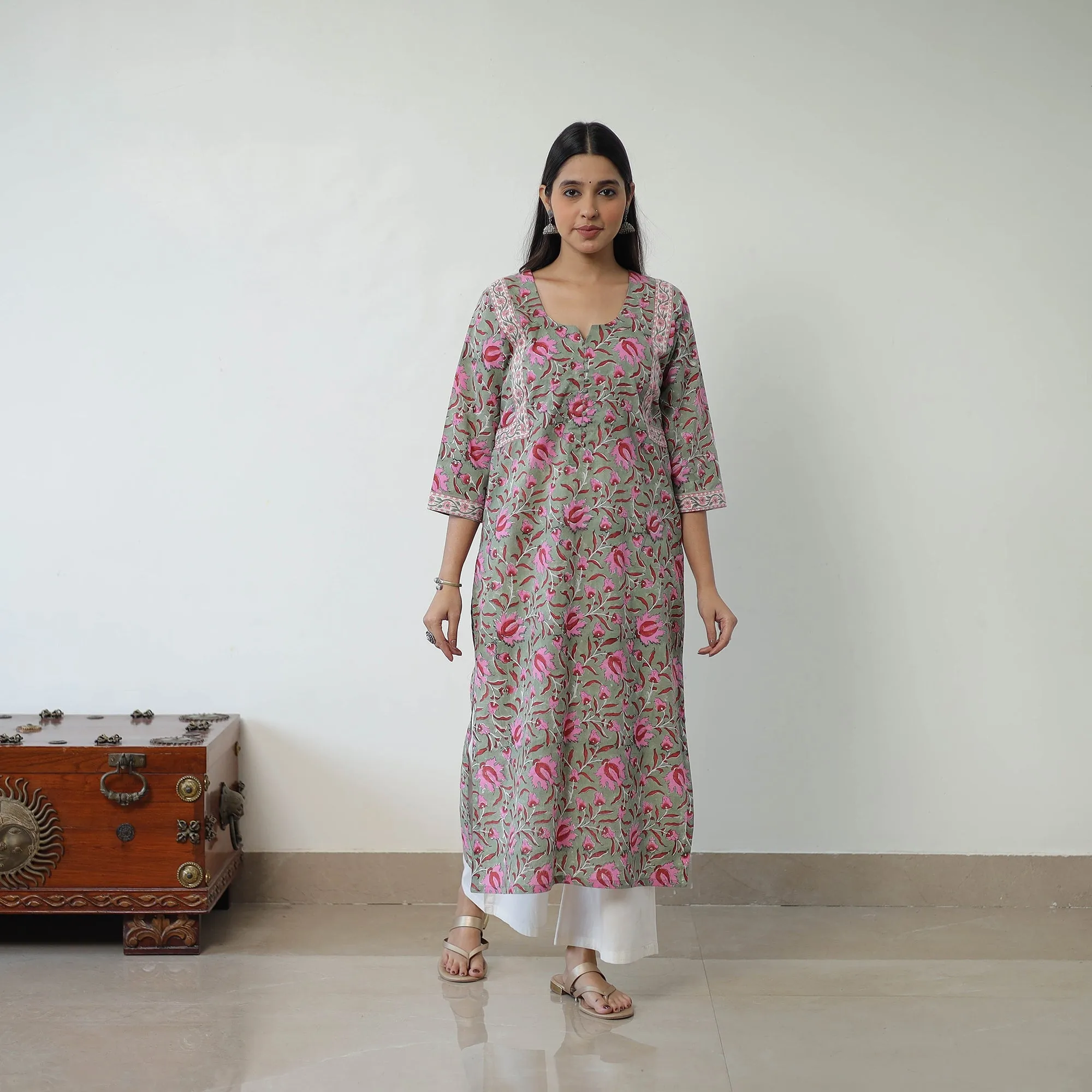 Green - Block Print Cotton Straight Sanganeri Kurta 08 sold by Itokri product image thumbnail 3