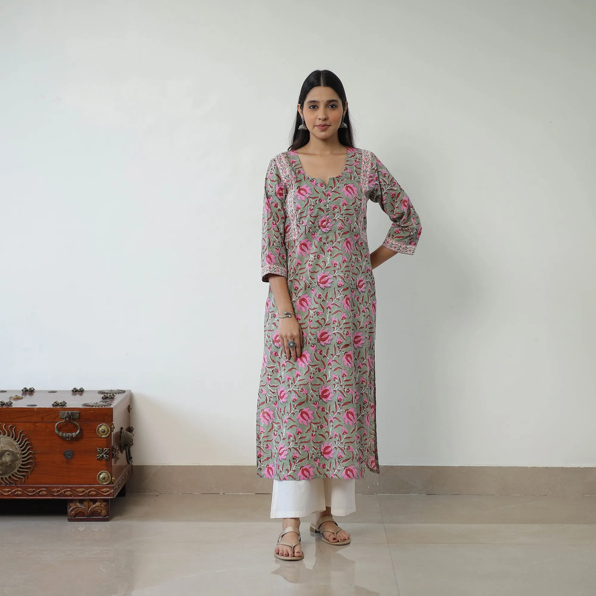 Green - Block Print Cotton Straight Sanganeri Kurta 08 sold by Itokri product image thumbnail 2