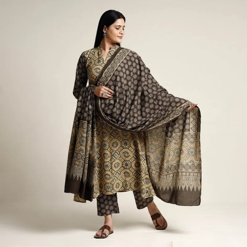 Beige - Ajrakh Block Printed Cotton Kurta with Palazzo & Dupatta Set sold by Itokri