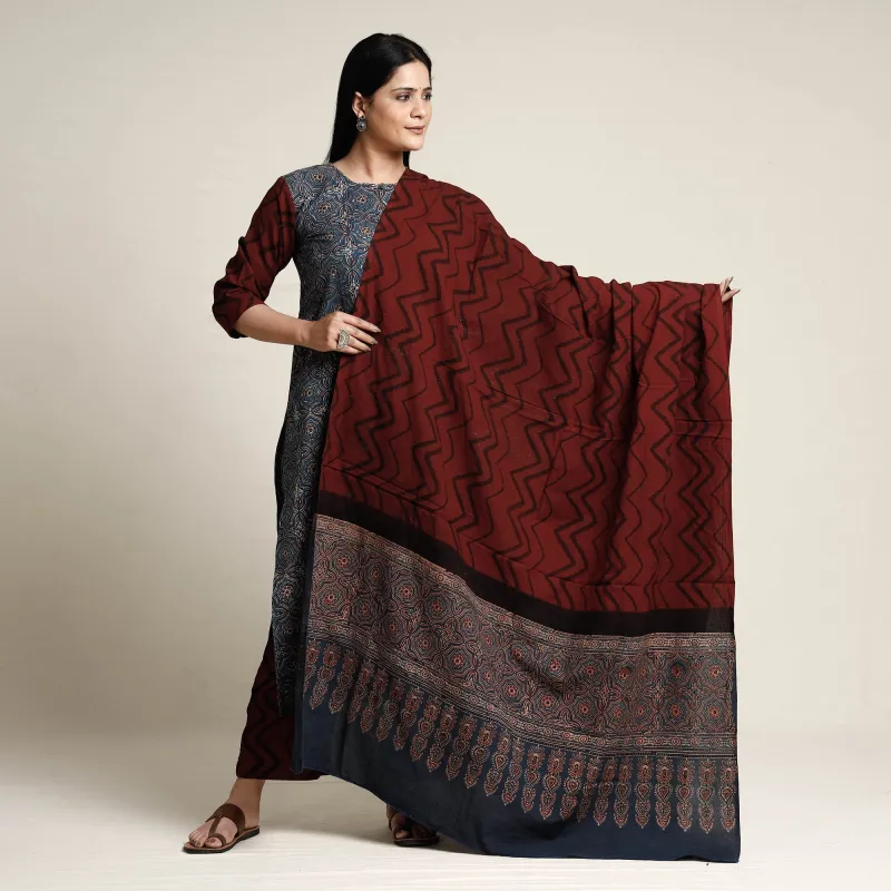 Blue - Ajrakh Block Printed Cotton Kurta with Palazzo & Dupatta Set sold by Itokri