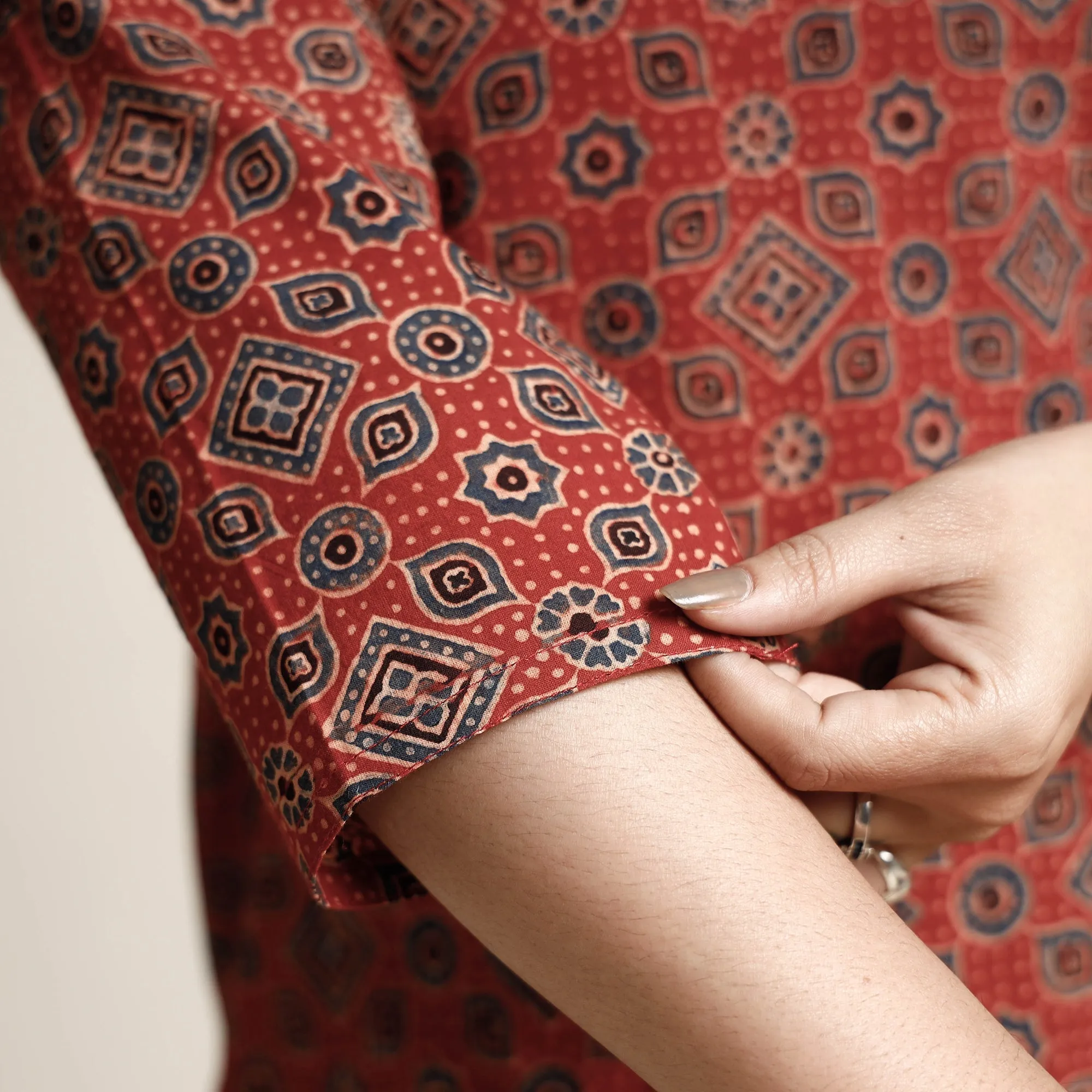 Red - Ajrakh Block Printed Cotton Kurta with Palazzo & Dupatta Set sold by Itokri product image thumbnail 5