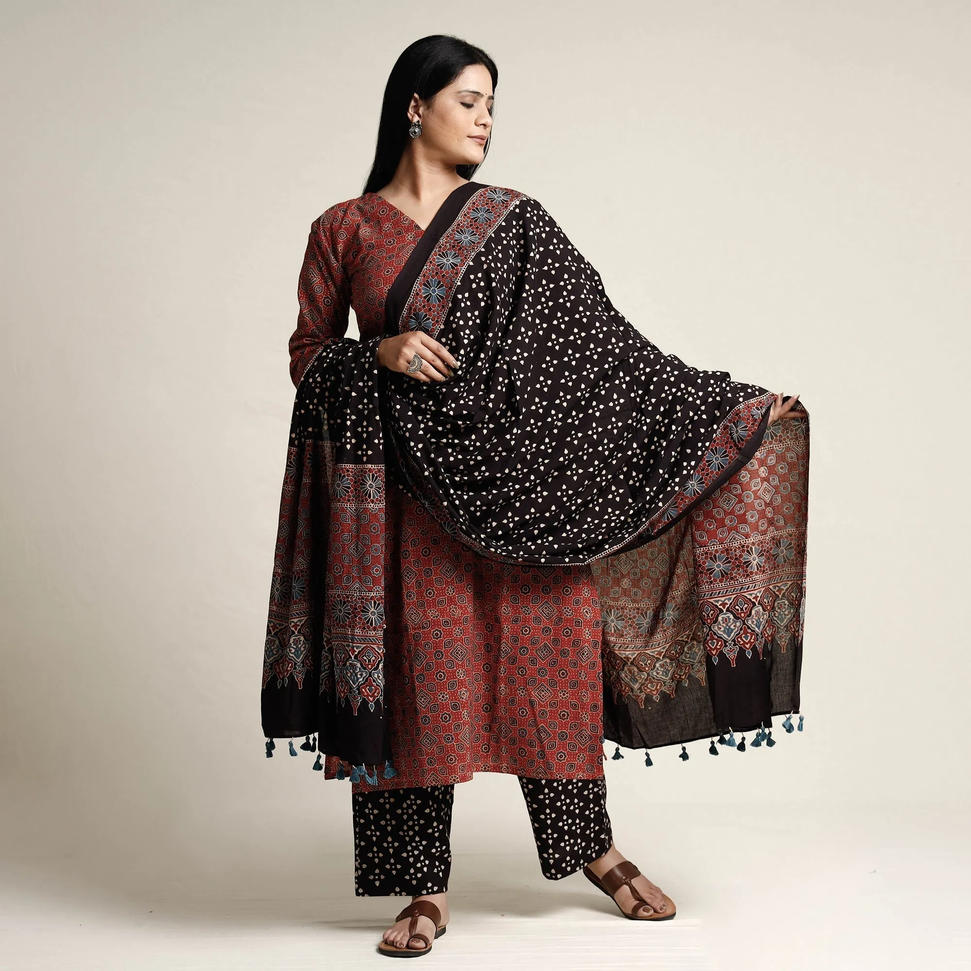 Red - Ajrakh Block Printed Cotton Kurta with Palazzo & Dupatta Set sold by Itokri product image thumbnail 2