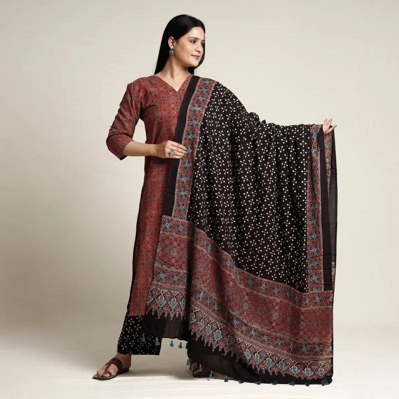 Red - Ajrakh Block Printed Cotton Kurta with Palazzo & Dupatta Set sold by Itokri