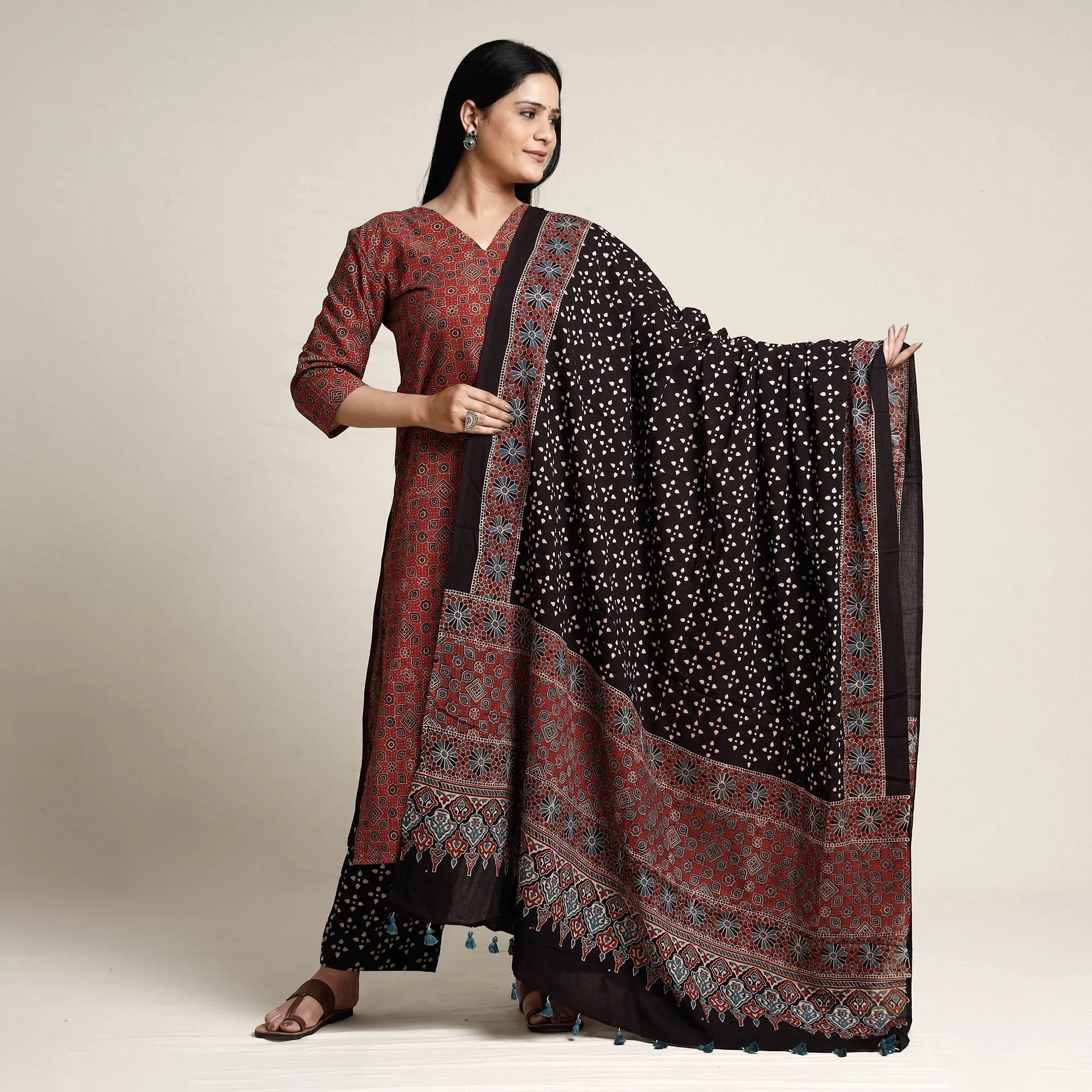 Red - Ajrakh Block Printed Cotton Kurta with Palazzo & Dupatta Set sold by Itokri