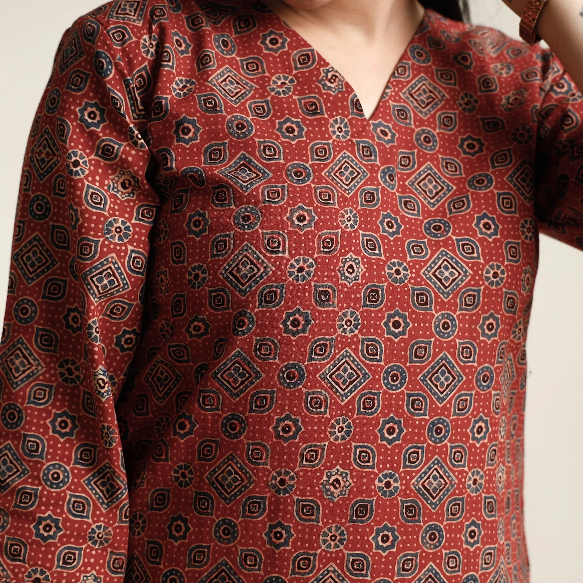 Red - Ajrakh Block Printed Cotton Kurta with Palazzo & Dupatta Set sold by Itokri product image thumbnail 4