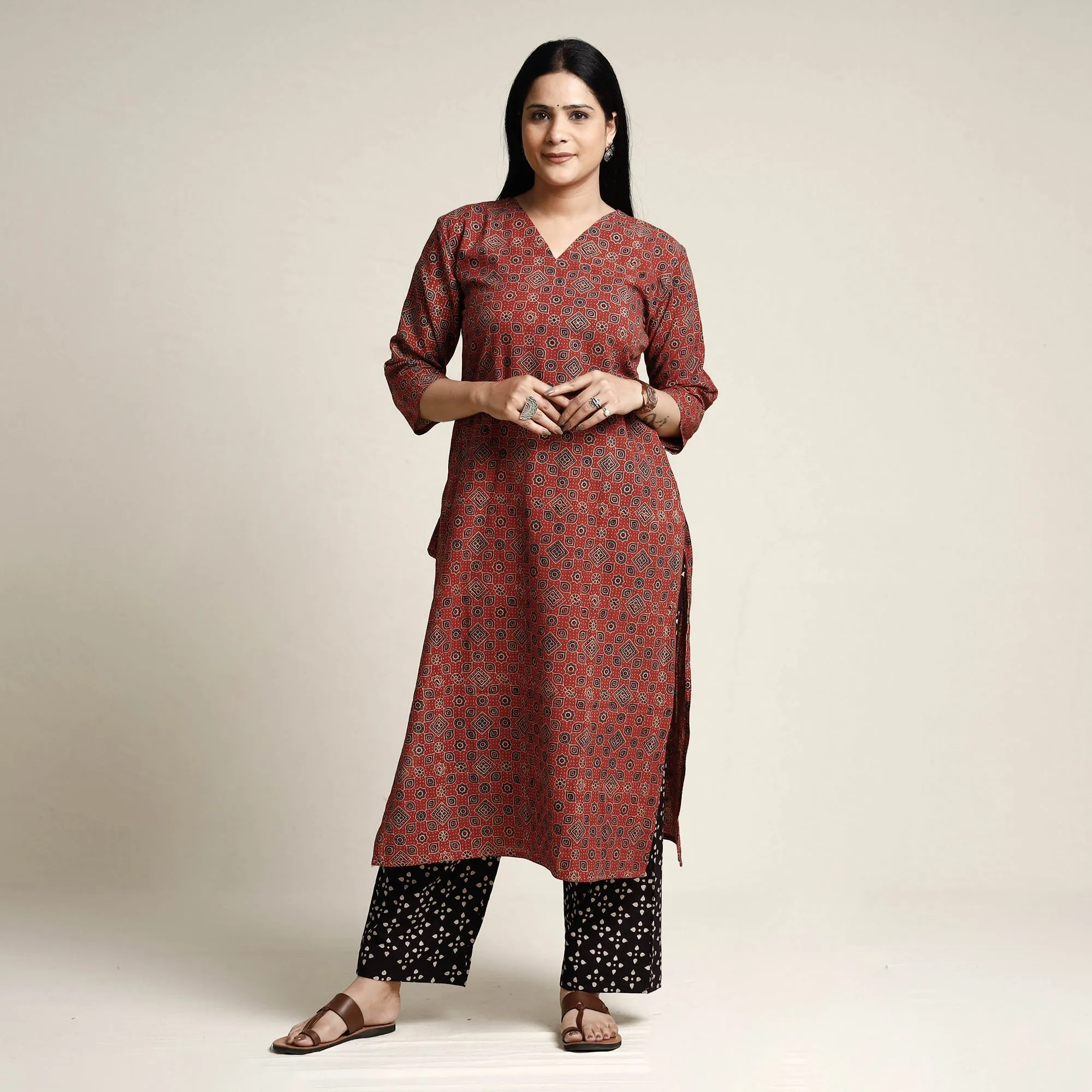 Red - Ajrakh Block Printed Cotton Kurta with Palazzo & Dupatta Set sold by Itokri product image thumbnail 3