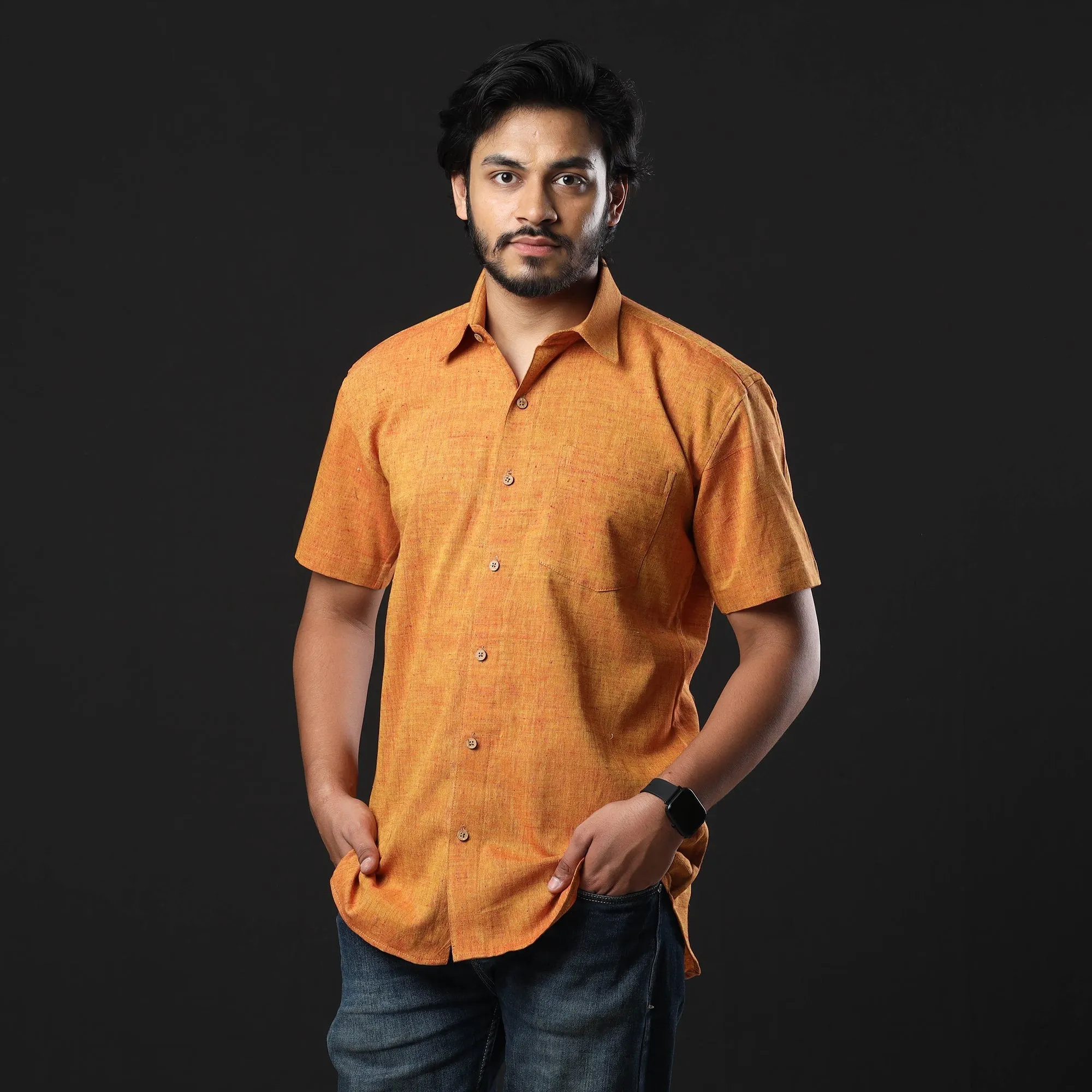Orange Prewashed Fine Cotton Handloom Half Sleeves Shirt sold by Itokri product image thumbnail 2
