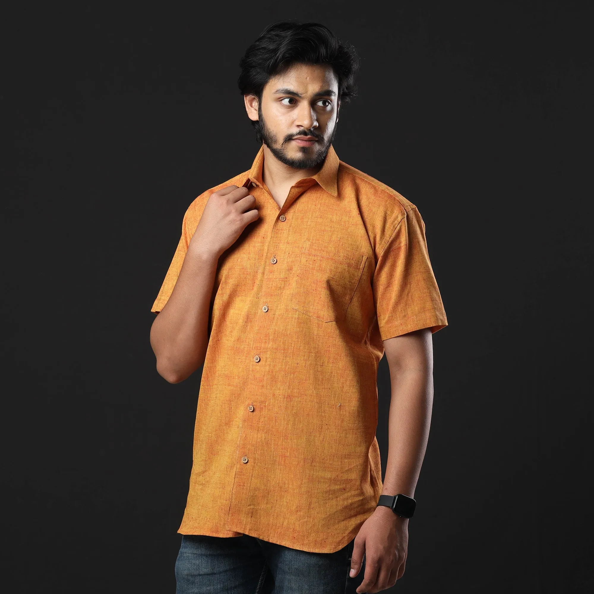 Orange Prewashed Fine Cotton Handloom Half Sleeves Shirt sold by Itokri