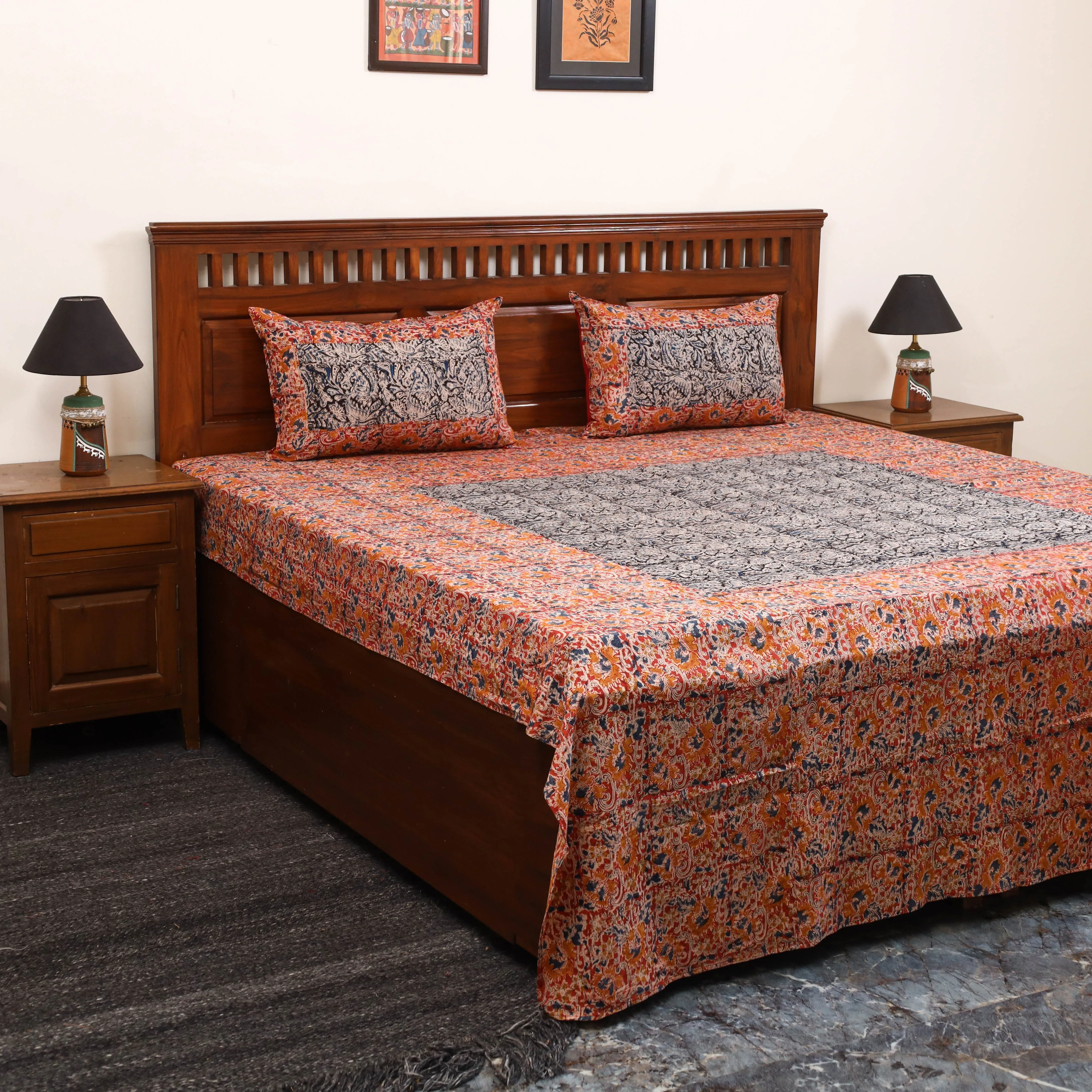 Orange - Kalamkari Block Print Patchwork Cotton Bedsheet Set 53 sold by Itokri