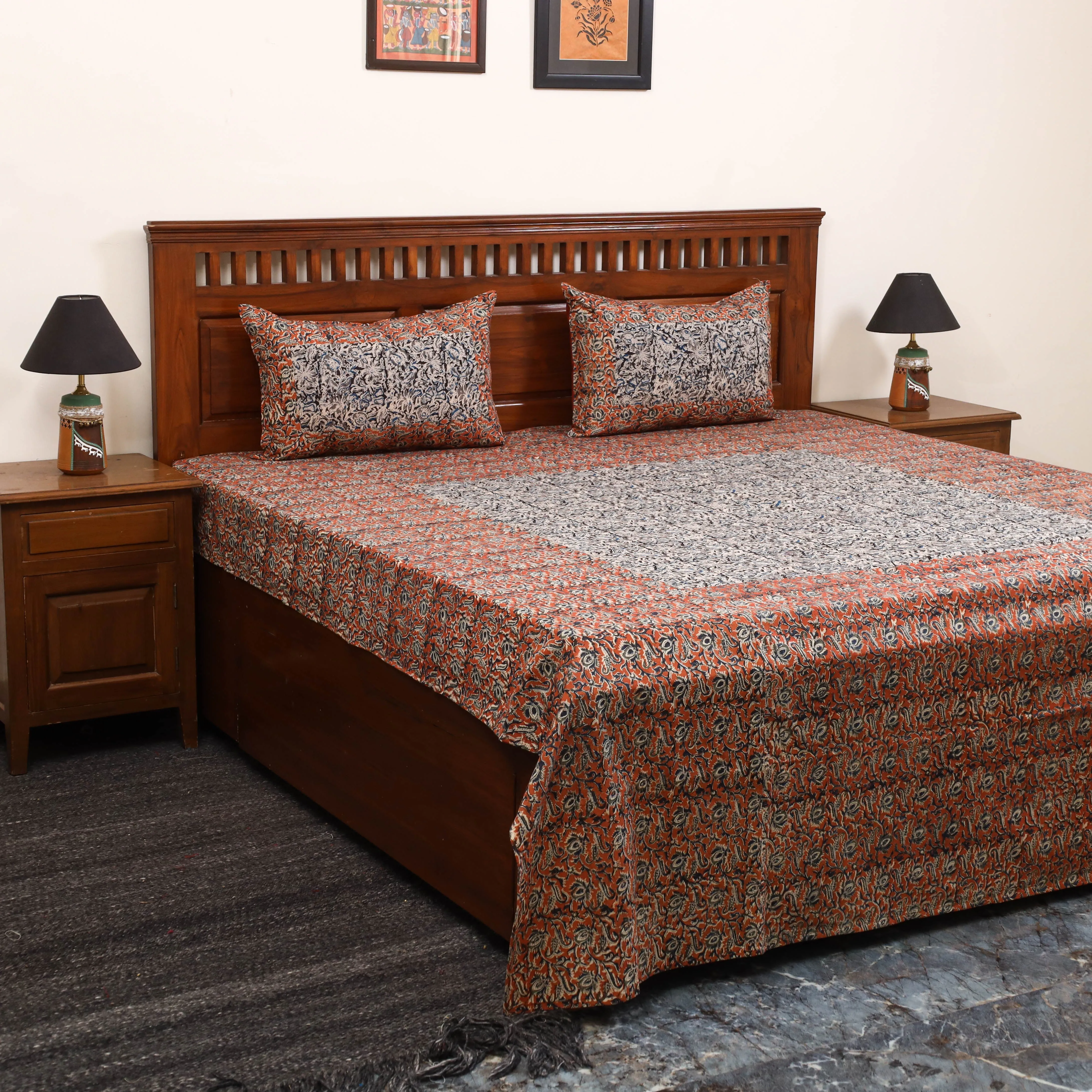 Orange - Kalamkari Block Print Patchwork Cotton Bedsheet Set 51 sold by Itokri