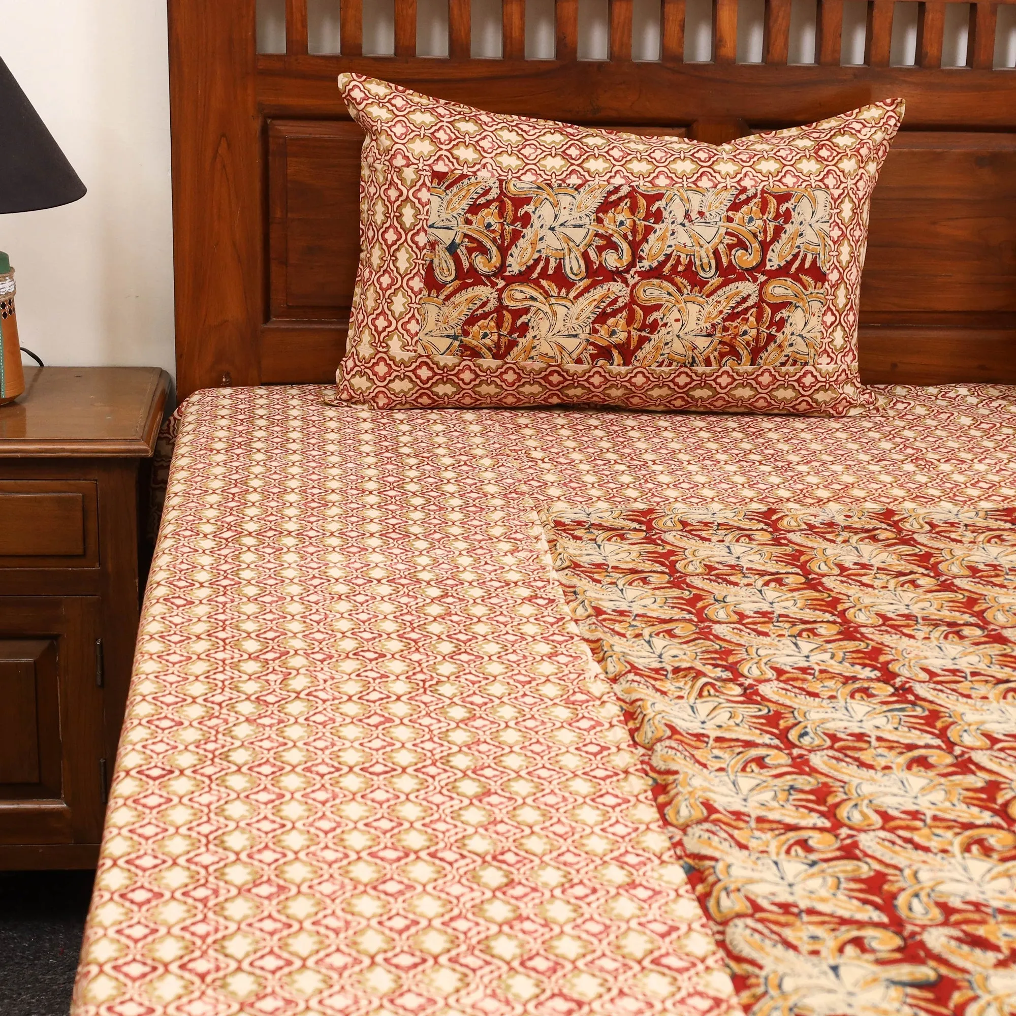 Beige - Kalamkari Block Print Patchwork Cotton Bedsheet Set 43 sold by Itokri product image thumbnail 3