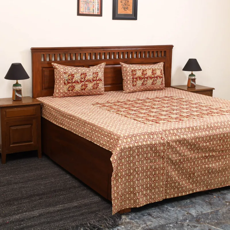 Beige - Kalamkari Block Print Patchwork Cotton Bedsheet Set 43 made by Itokri