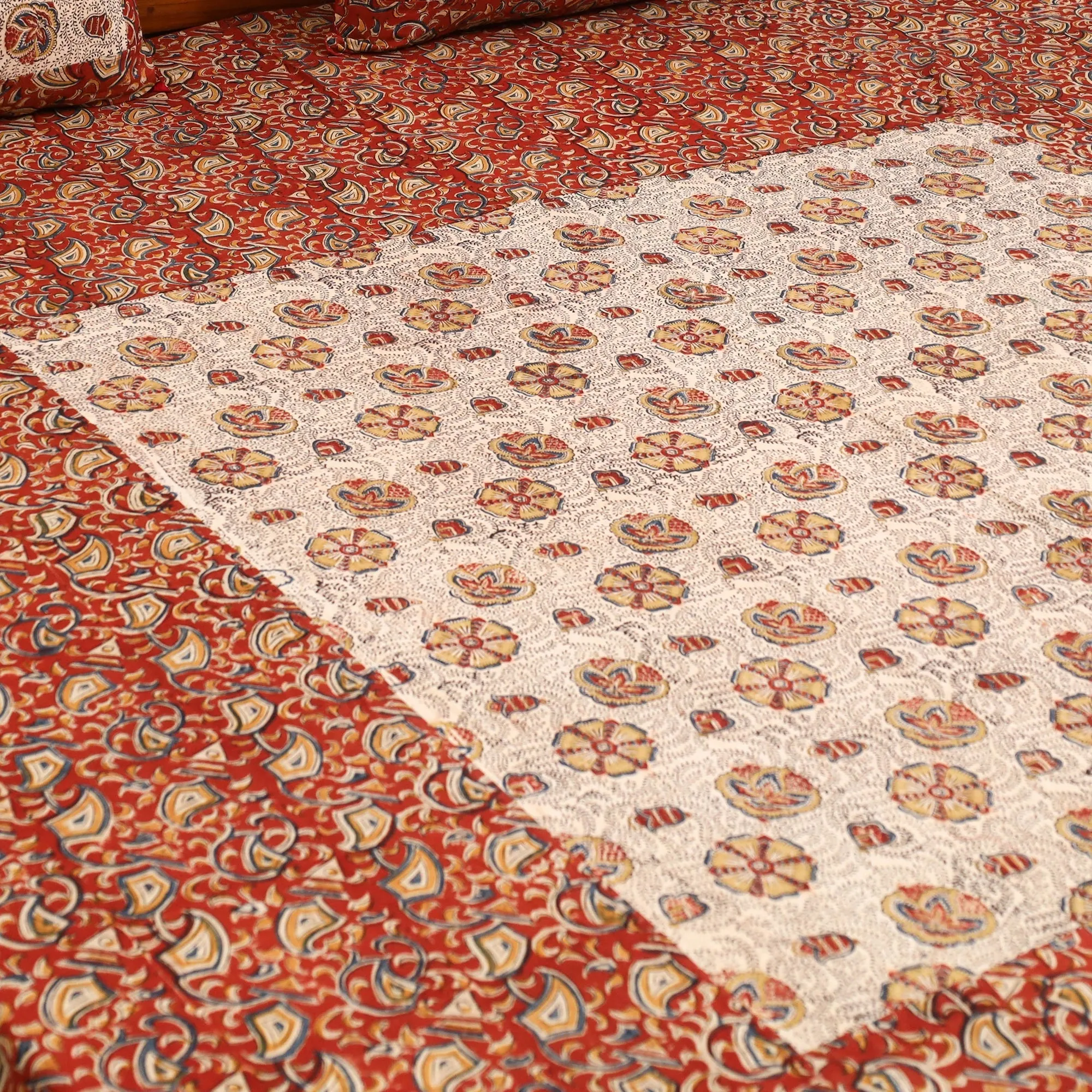 Red - Kalamkari Block Print Patchwork Cotton Bedsheet Set 37 sold by Itokri product image thumbnail 2