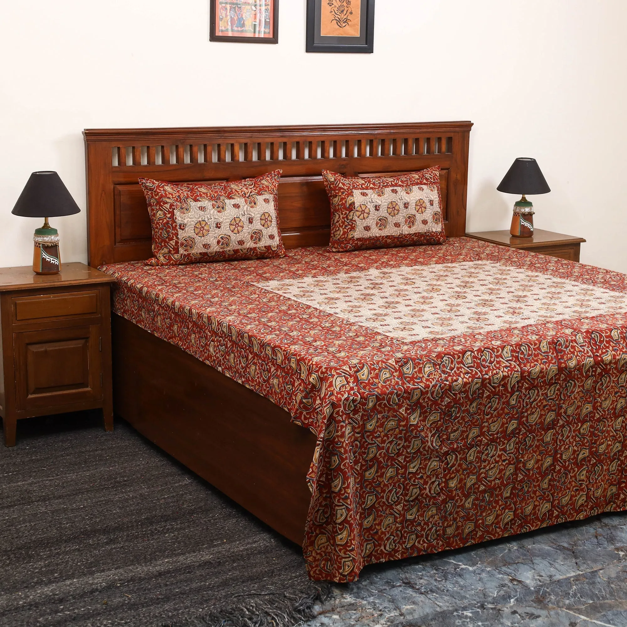 Red - Kalamkari Block Print Patchwork Cotton Bedsheet Set 37 sold by Itokri