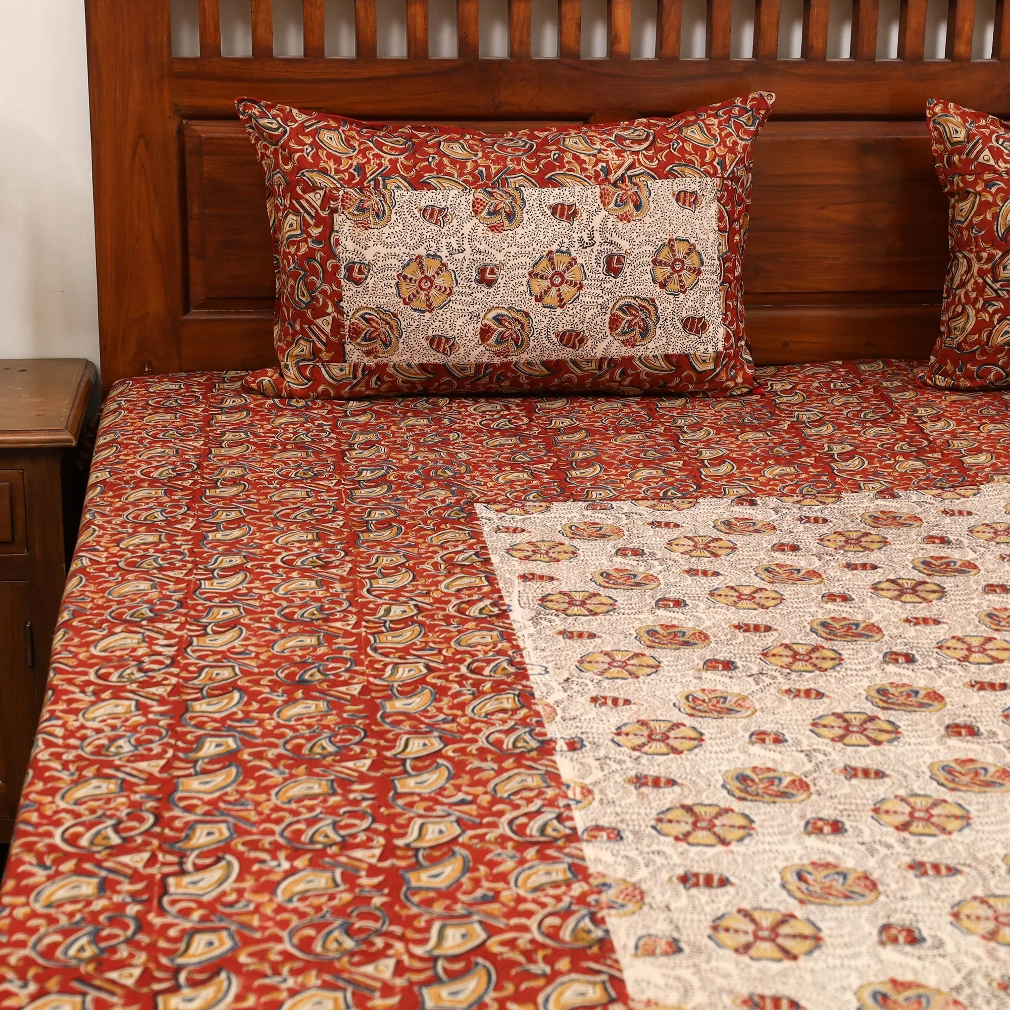 Red - Kalamkari Block Print Patchwork Cotton Bedsheet Set 37 sold by Itokri product image thumbnail 3