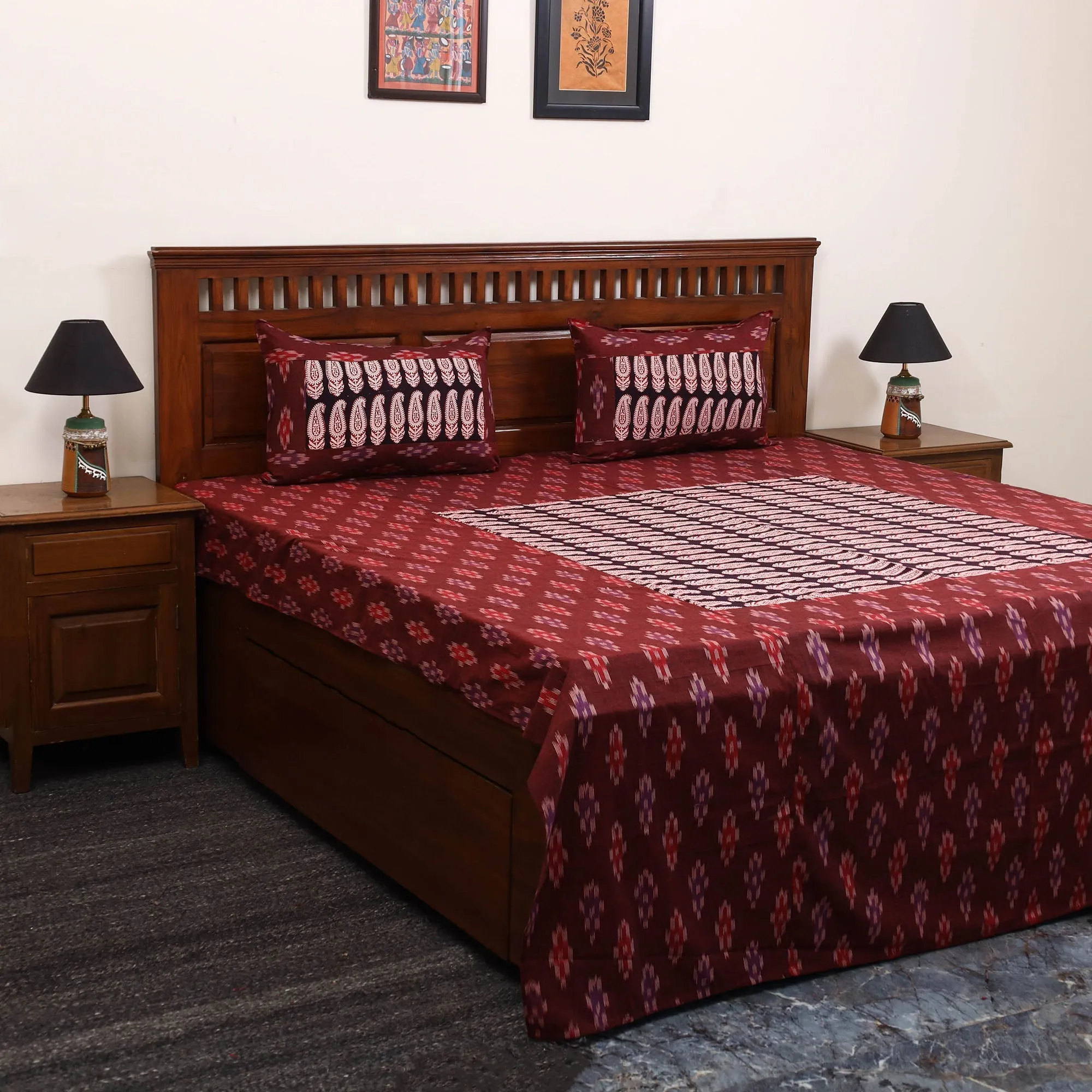 Maroon - Pochampally Ikat with Bagh Patch Cotton Bedsheet Set 10 sold by Itokri