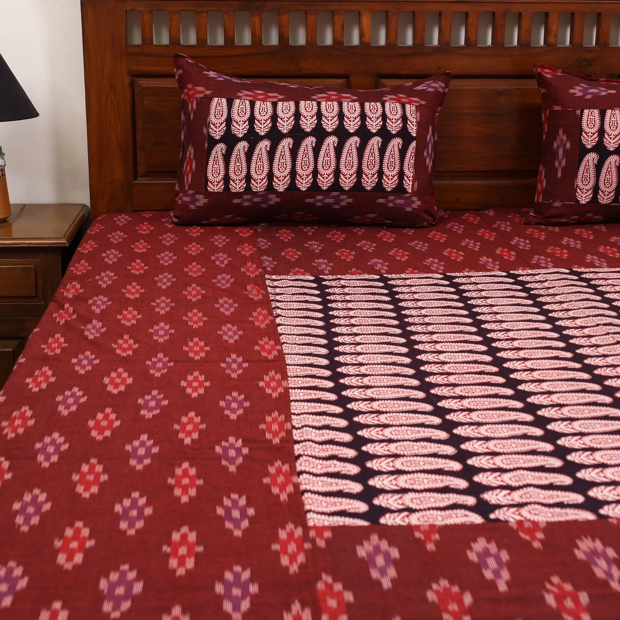 Maroon - Pochampally Ikat with Bagh Patch Cotton Bedsheet Set 10 sold by Itokri product image thumbnail 3