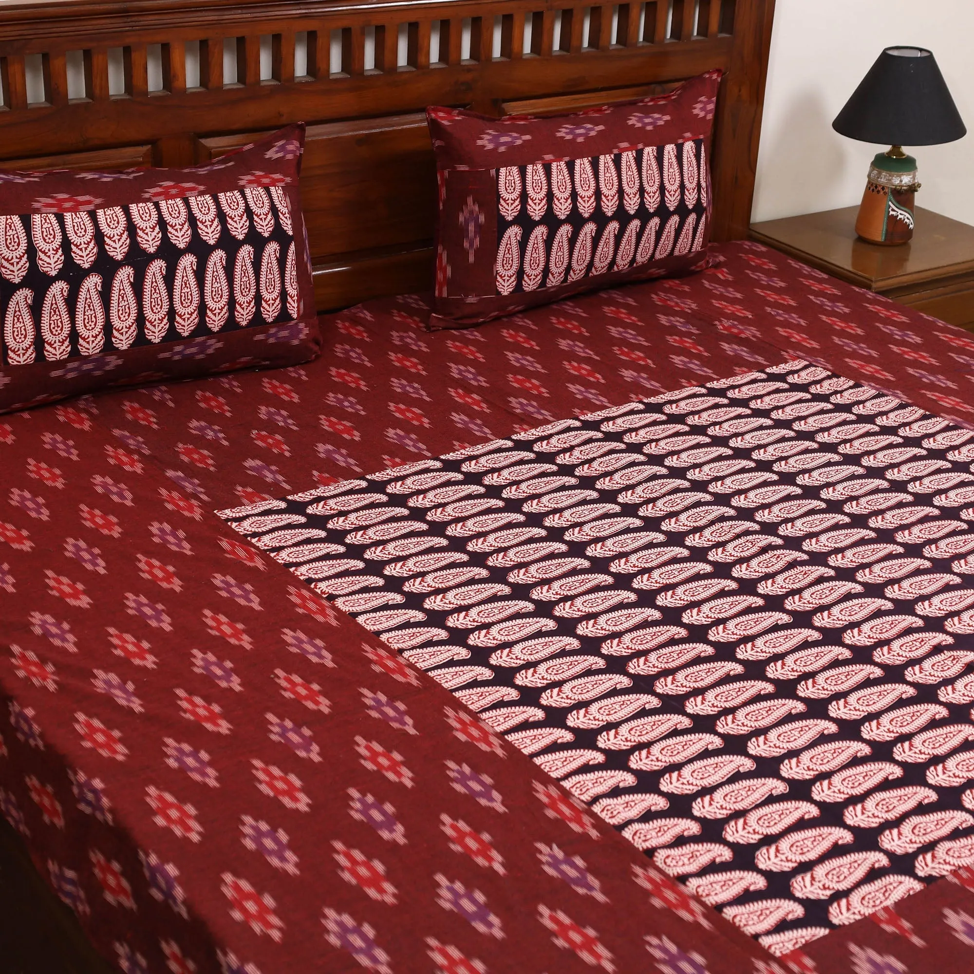 Maroon - Pochampally Ikat with Bagh Patch Cotton Bedsheet Set 10 sold by Itokri product image thumbnail 2