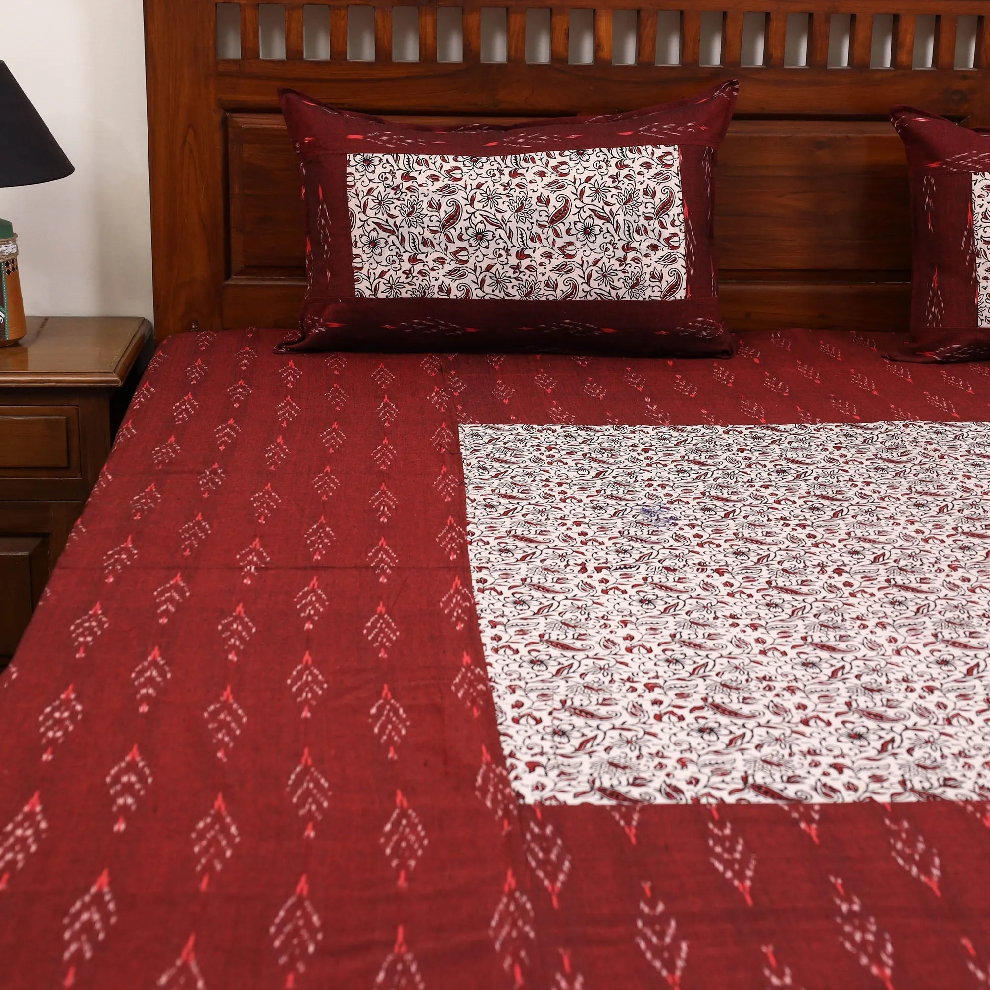 Maroon - Pochampally Ikat with Bagh Patch Cotton Bedsheet Set 08 sold by Itokri product image thumbnail 3